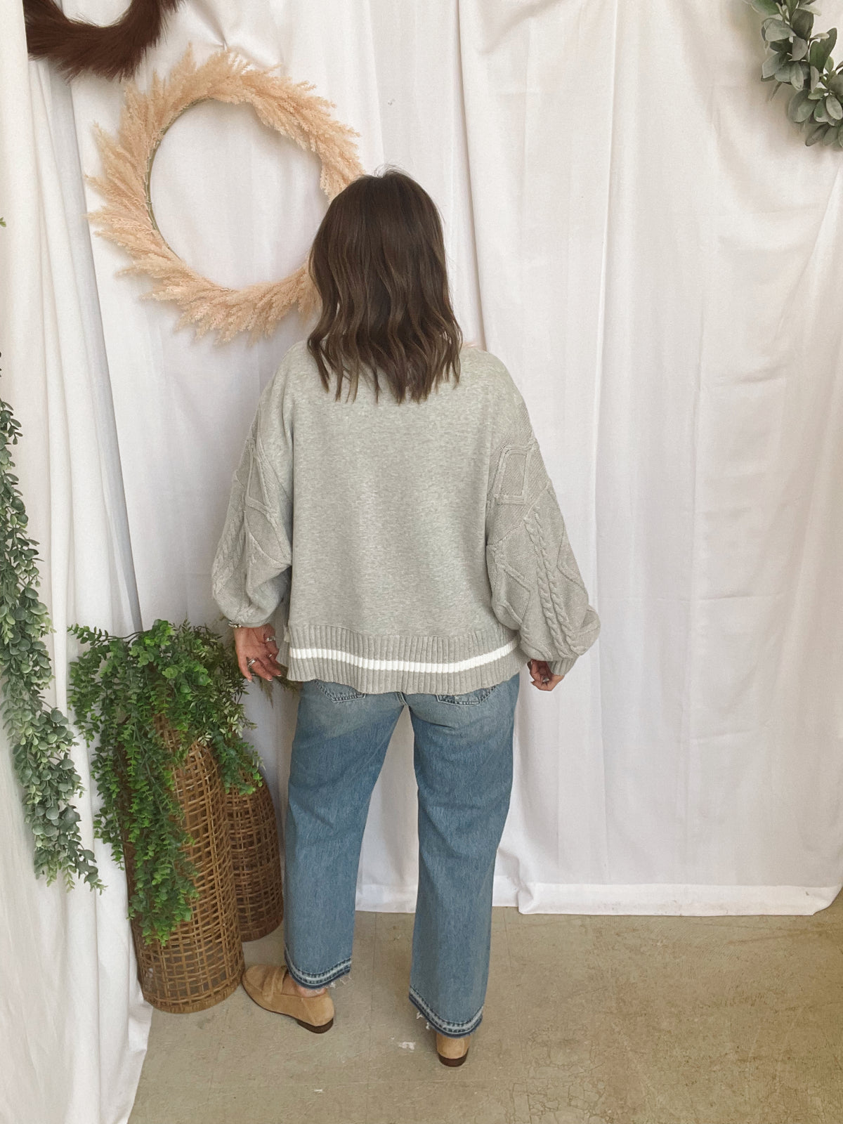 Lisa Cable Knit Sleeve Sweatshirt-Grey-Cardigans-lelis-The Silo Boutique, Women's Fashion Boutique Located in Warren and Grand Forks North Dakota