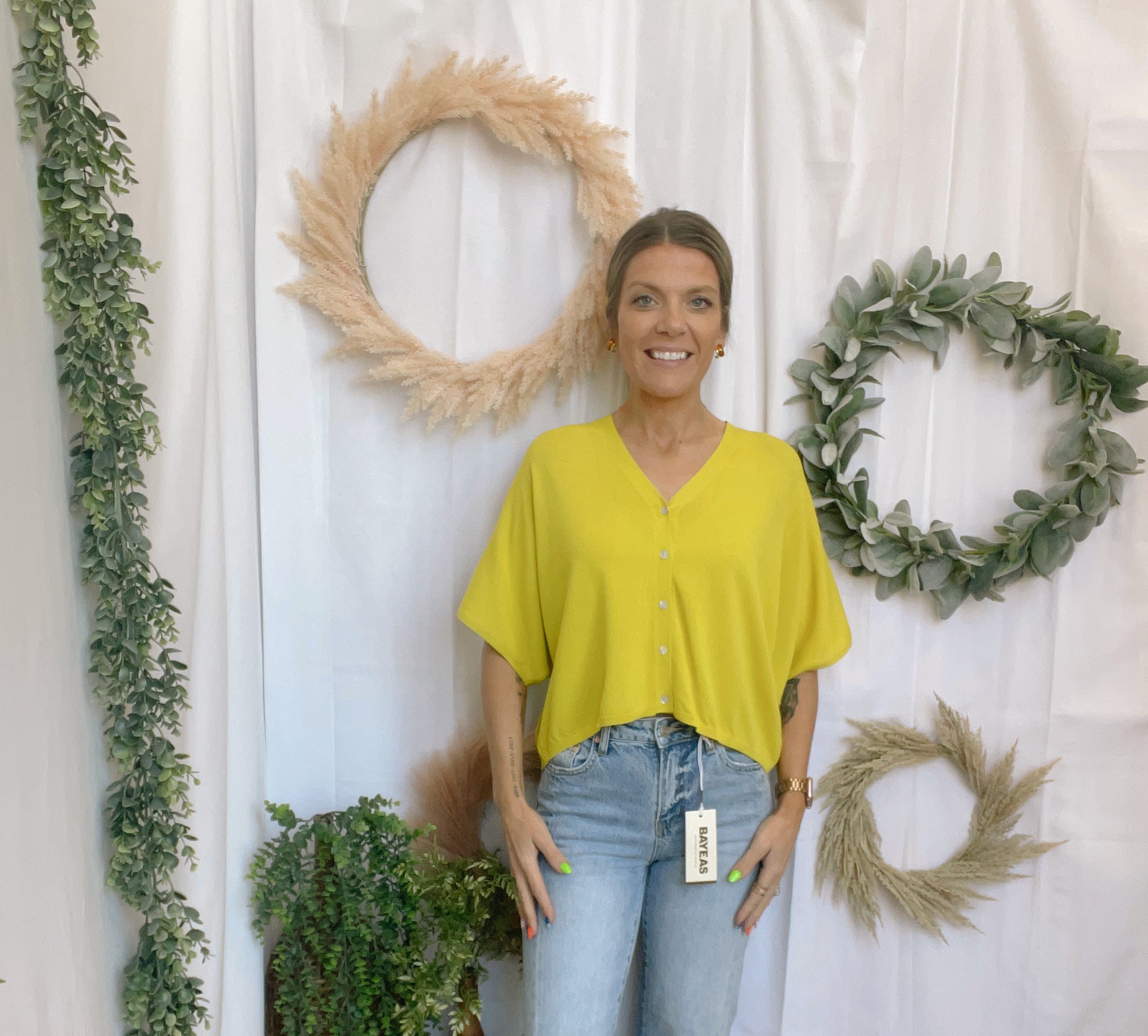 Charlie V Neck Top-Chartreuse-Short Sleeve Tops-ENTRO-The Silo Boutique, Women's Fashion Boutique Located in Warren and Grand Forks North Dakota