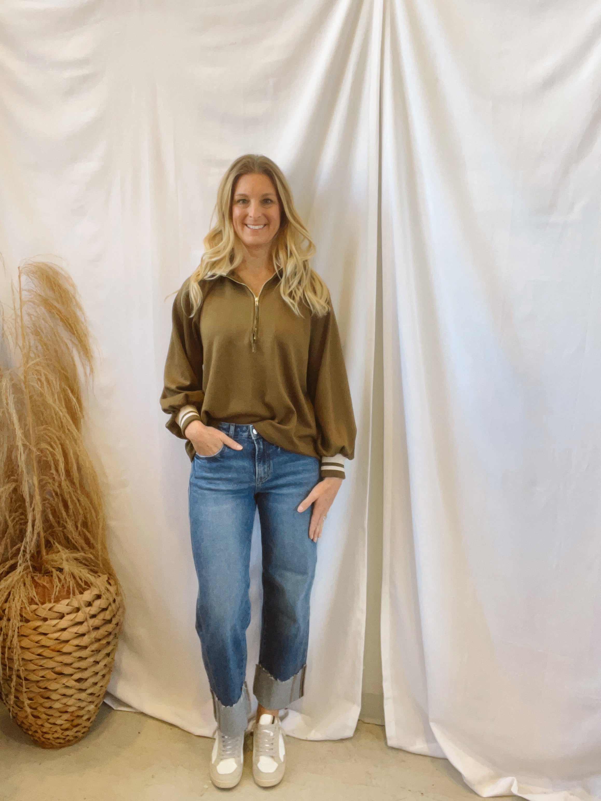 Olive Quarter Zip Pullover-Sweaters-ENTRO-The Silo Boutique, Women's Fashion Boutique Located in Warren and Grand Forks North Dakota