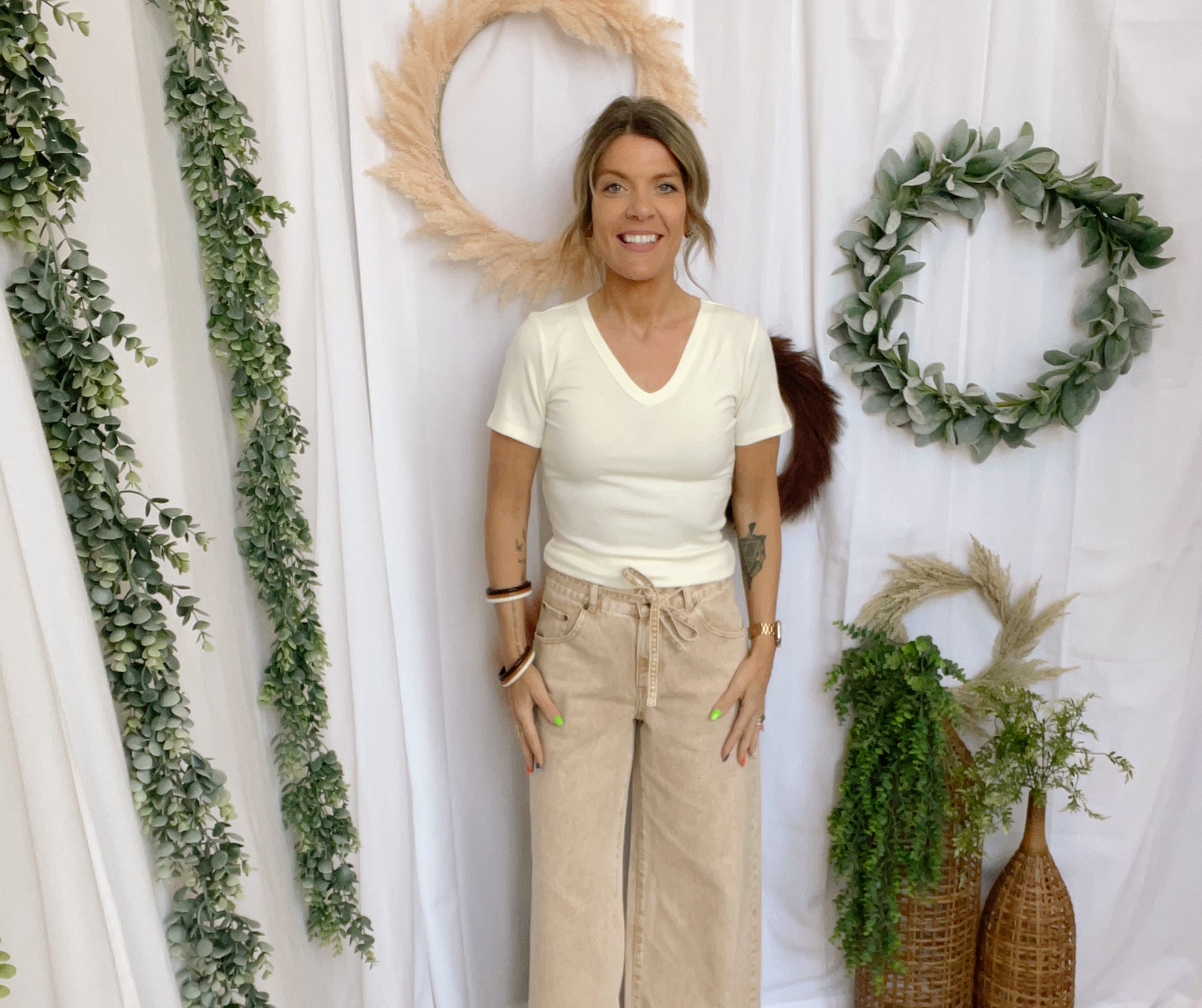 Mimi Ribbed V Neck Top-Cream-Short Sleeve Tops-mittoshop-The Silo Boutique, Women's Fashion Boutique Located in Warren and Grand Forks North Dakota