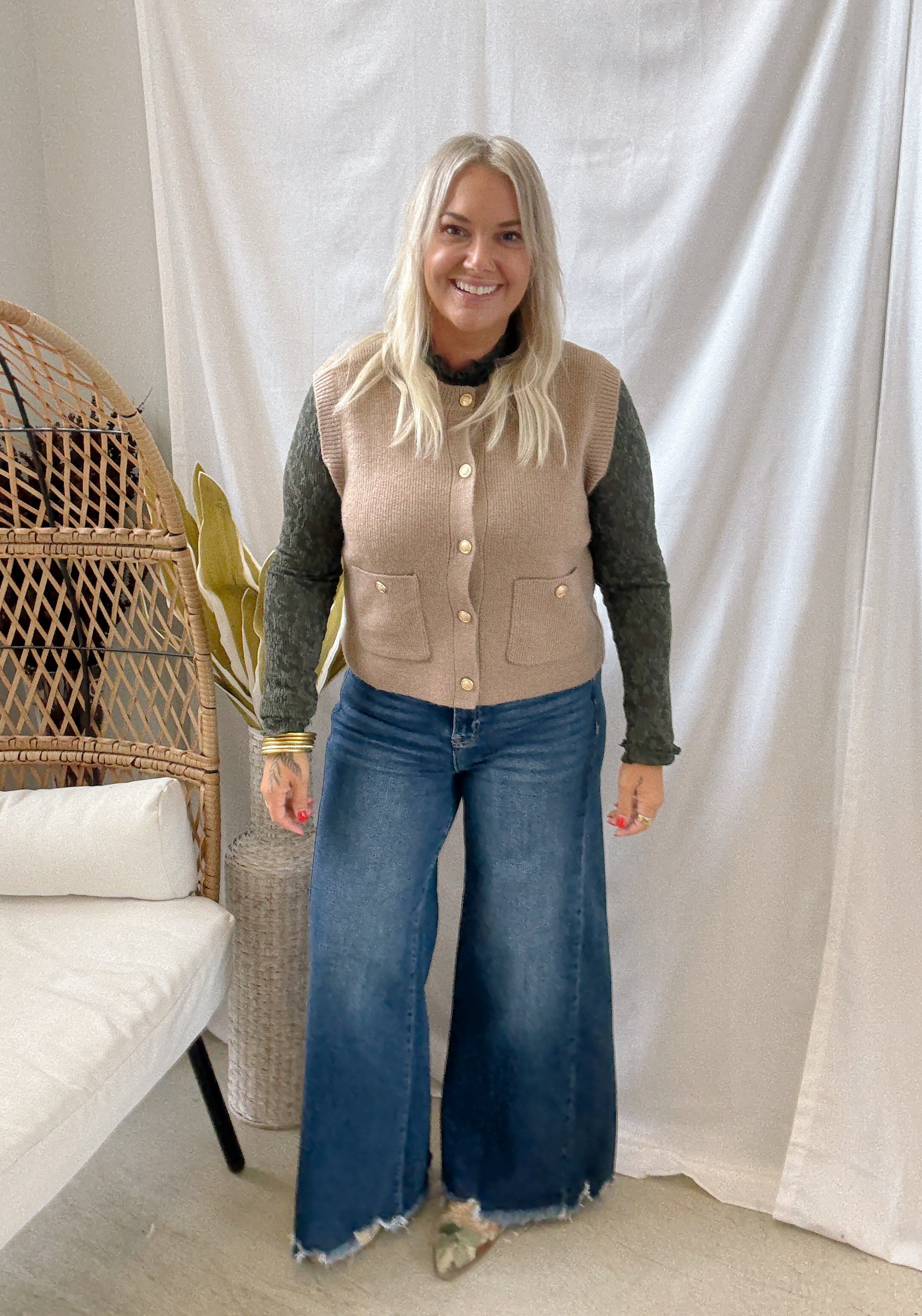 Hazelnut Button Sweater Vest-Vests-be cool-The Silo Boutique, Women's Fashion Boutique Located in Warren and Grand Forks North Dakota