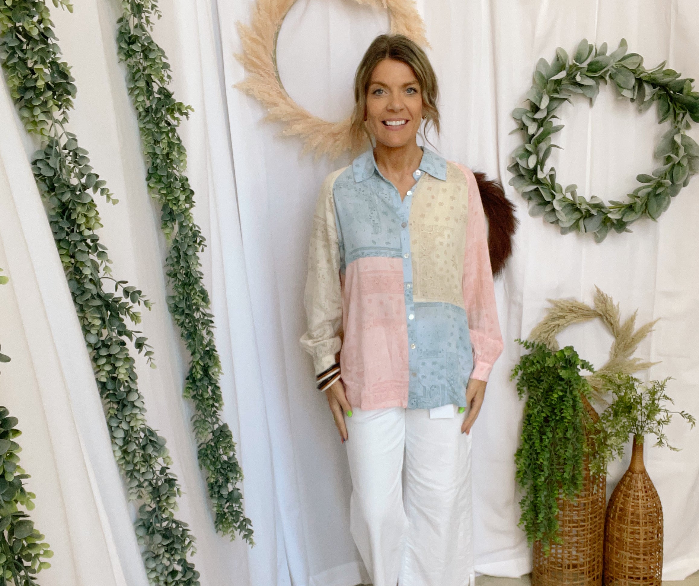 Coastal Bandana Patchwork Blouse-Long Sleeve Tops-cozy co-The Silo Boutique, Women's Fashion Boutique Located in Warren and Grand Forks North Dakota