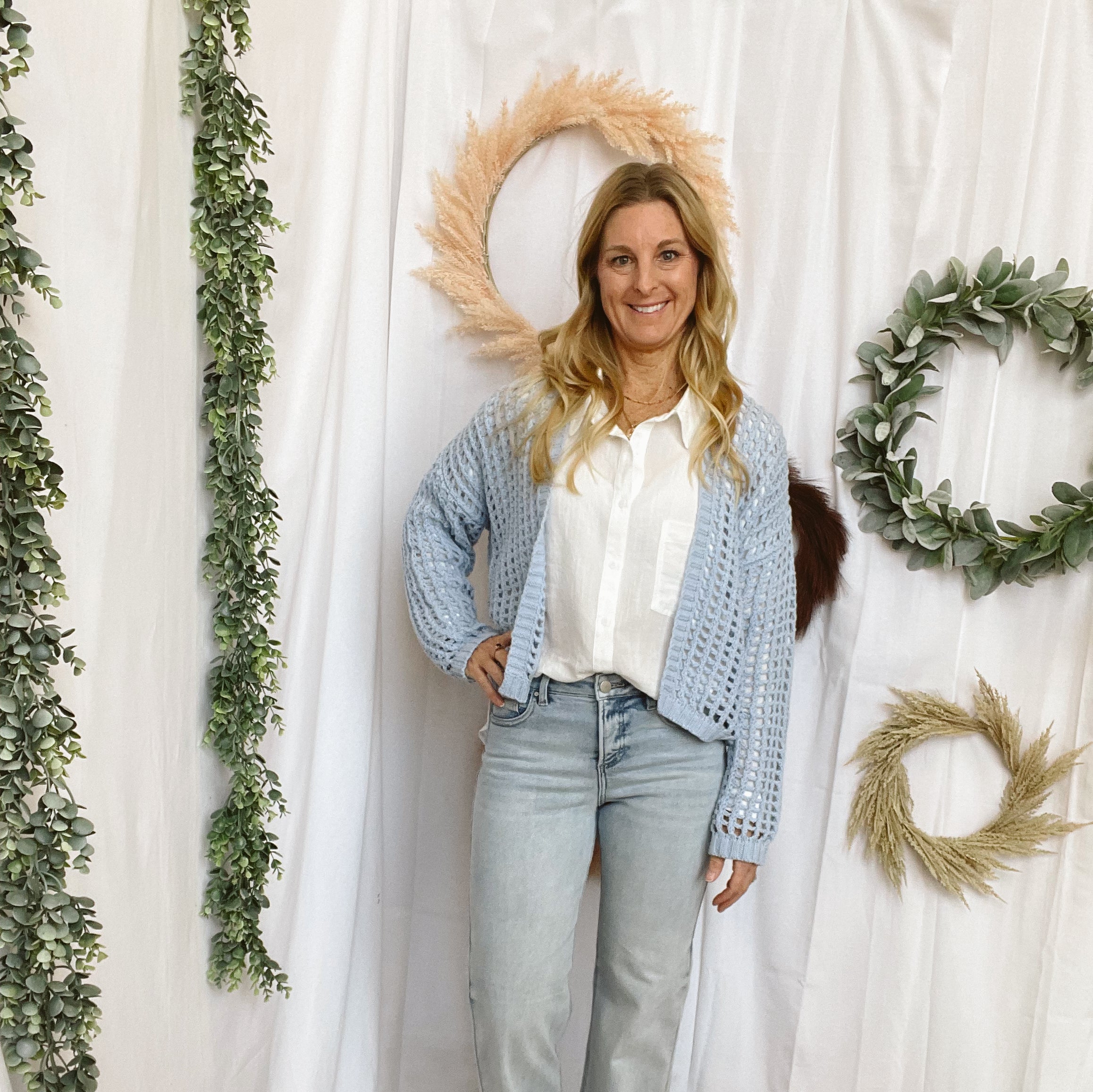 Rae Crochet Cardigan-Blue-Cardigans-Doe and Rae-The Silo Boutique, Women's Fashion Boutique Located in Warren and Grand Forks North Dakota
