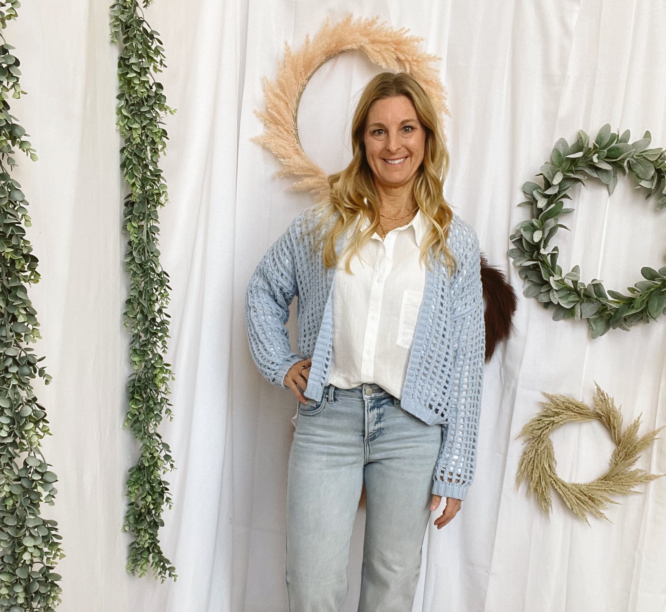 Rae Crochet Cardigan-Blue-Cardigans-Doe and Rae-The Silo Boutique, Women's Fashion Boutique Located in Warren and Grand Forks North Dakota