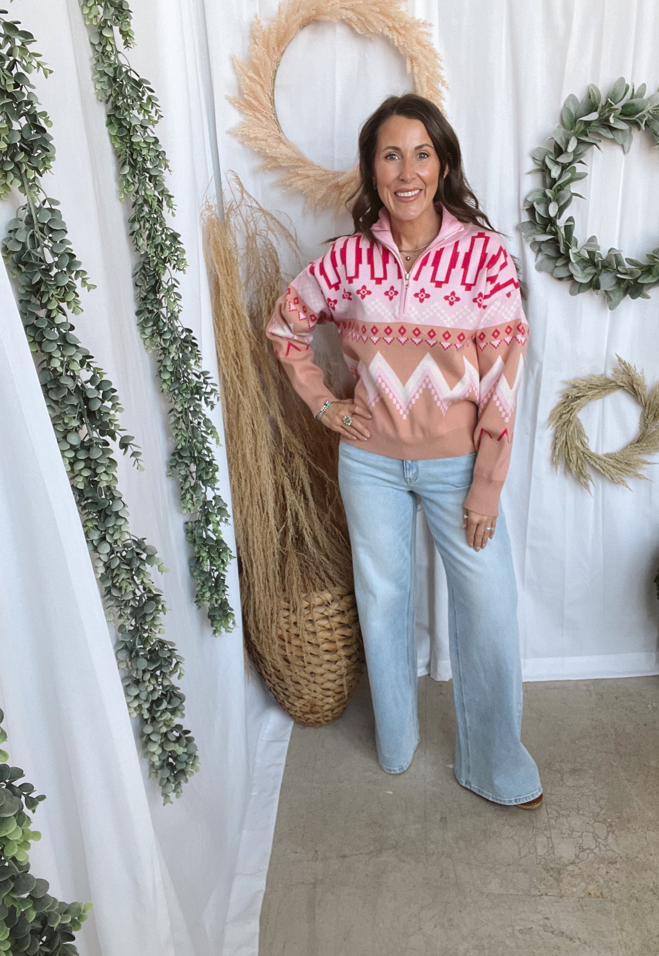 Pink Geo Quarter Zip Sweater-Final Sale-Sweaters-&merci-The Silo Boutique, Women's Fashion Boutique Located in Warren and Grand Forks North Dakota