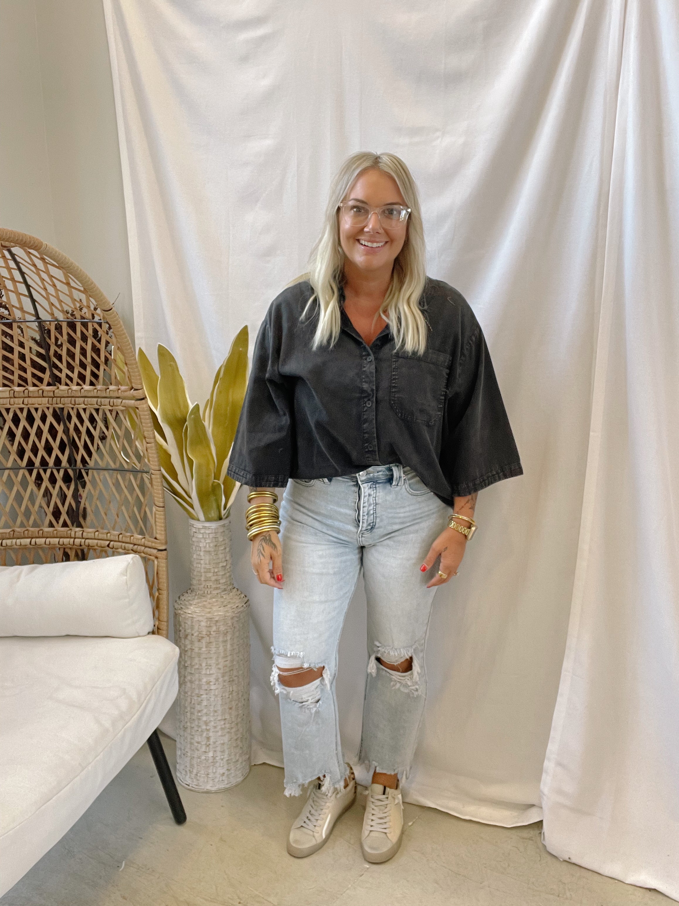 Black Button Down Long Sleeve Top-Long Sleeve Tops-hyfve-The Silo Boutique, Women's Fashion Boutique Located in Warren and Grand Forks North Dakota