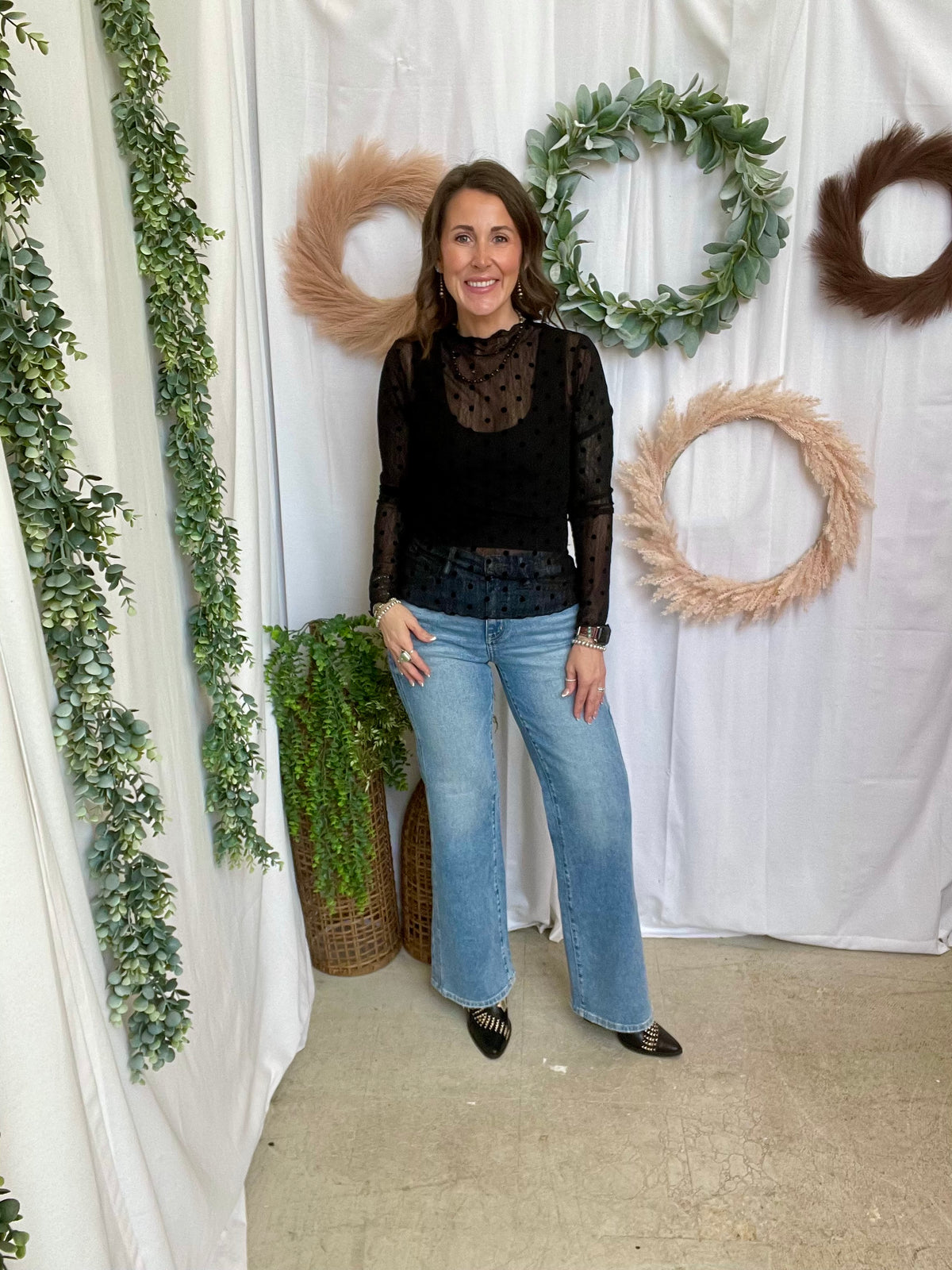 Dani Black Dot Mesh Top-Long Sleeve Tops-davi-The Silo Boutique, Women's Fashion Boutique Located in Warren and Grand Forks North Dakota
