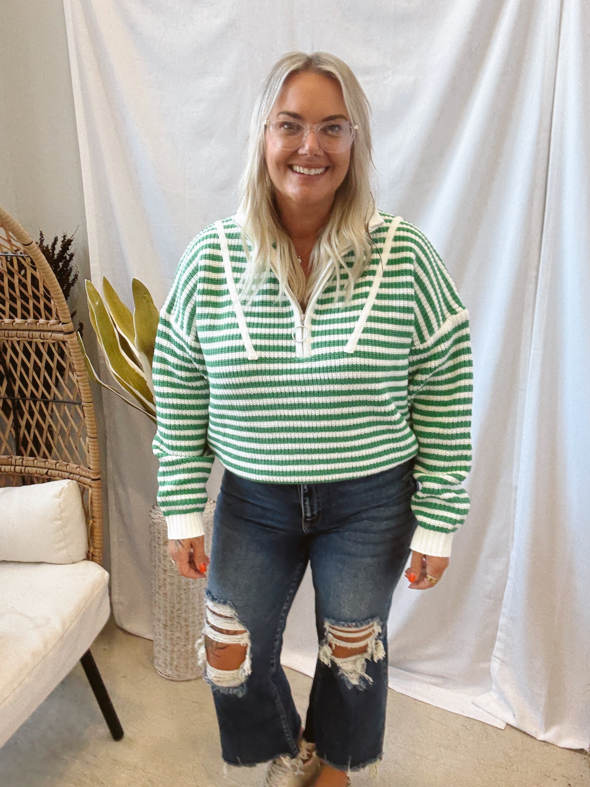 Preppy Striped Quarter Zip Sweater-Sweaters-creamon-The Silo Boutique, Women's Fashion Boutique Located in Warren and Grand Forks North Dakota