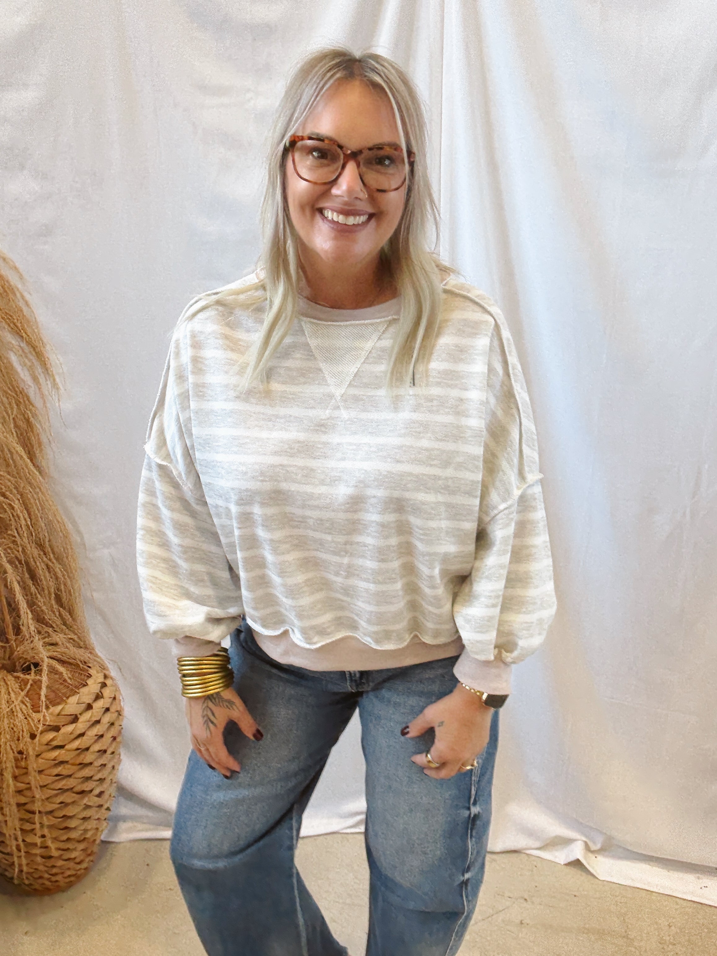 Greystone Striped Crew Sweatshirt-Sweatshirts-haptics-The Silo Boutique, Women's Fashion Boutique Located in Warren and Grand Forks North Dakota
