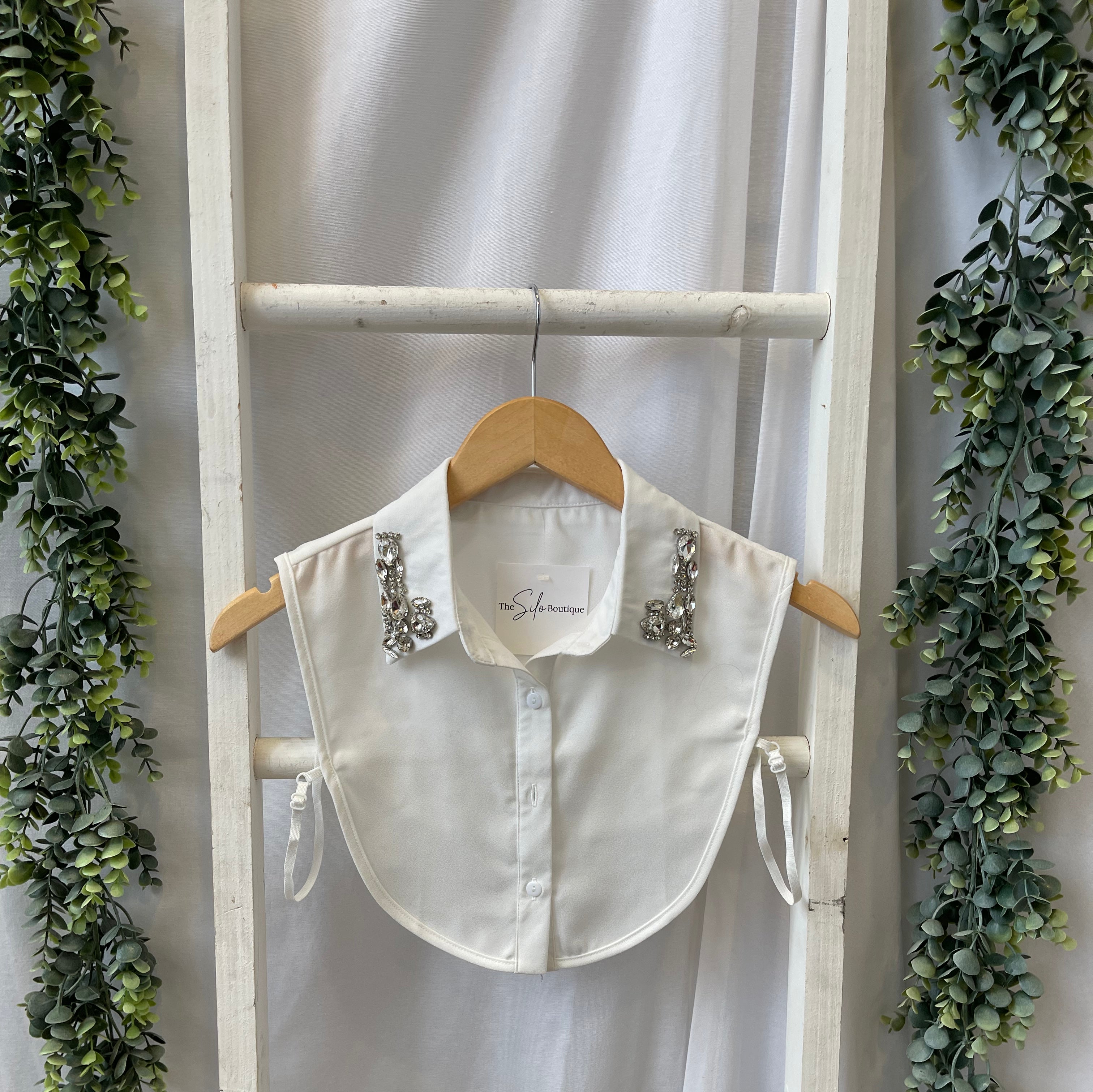 Corporate Collar-White Jewels-Final Sale-Short Sleeve Tops-Summer Tees-The Silo Boutique, Women's Fashion Boutique Located in Warren and Grand Forks North Dakota