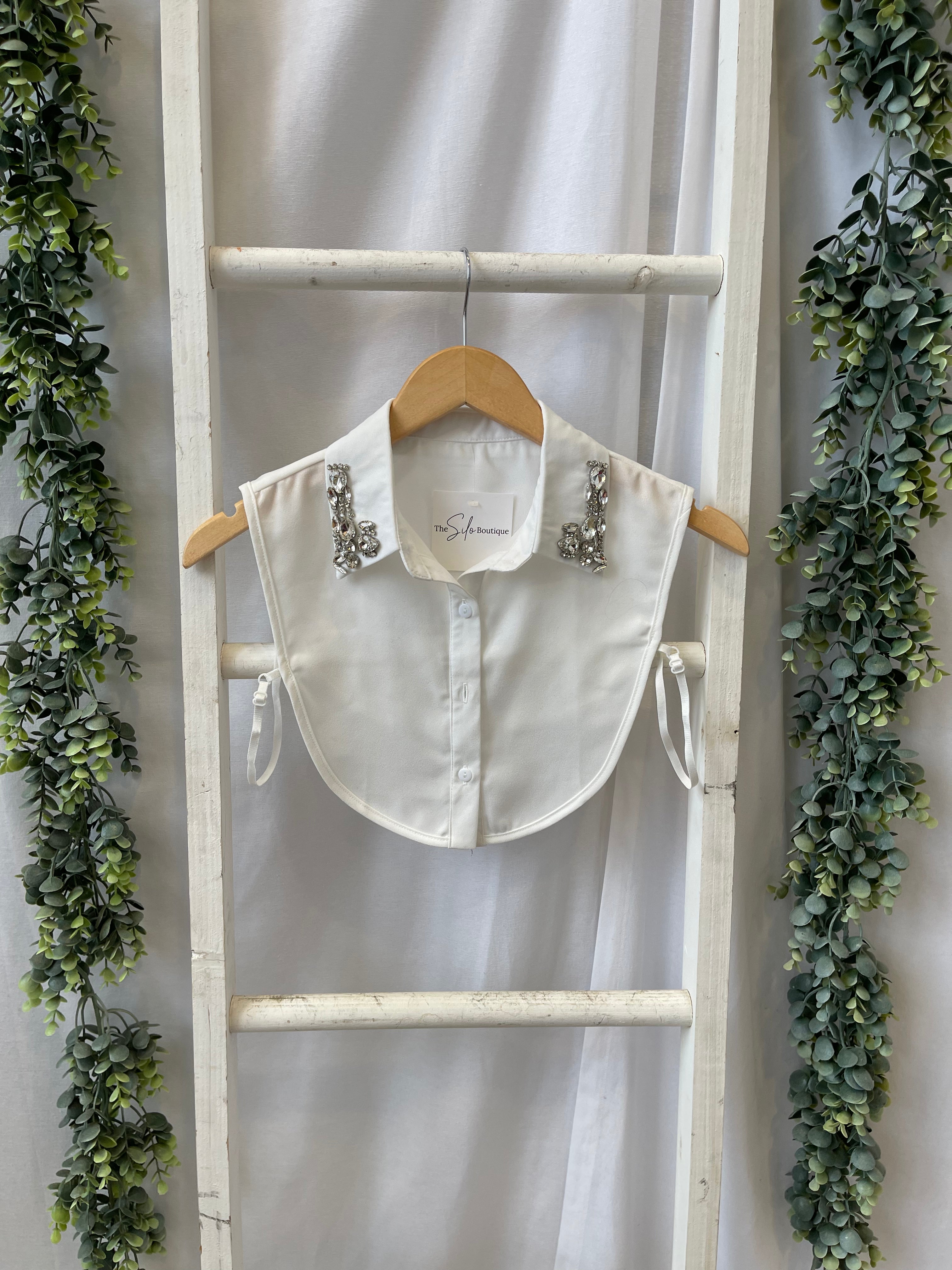 Corporate Collar-White Jewels-Short Sleeve Tops-Summer Tees-The Silo Boutique, Women's Fashion Boutique Located in Warren and Grand Forks North Dakota