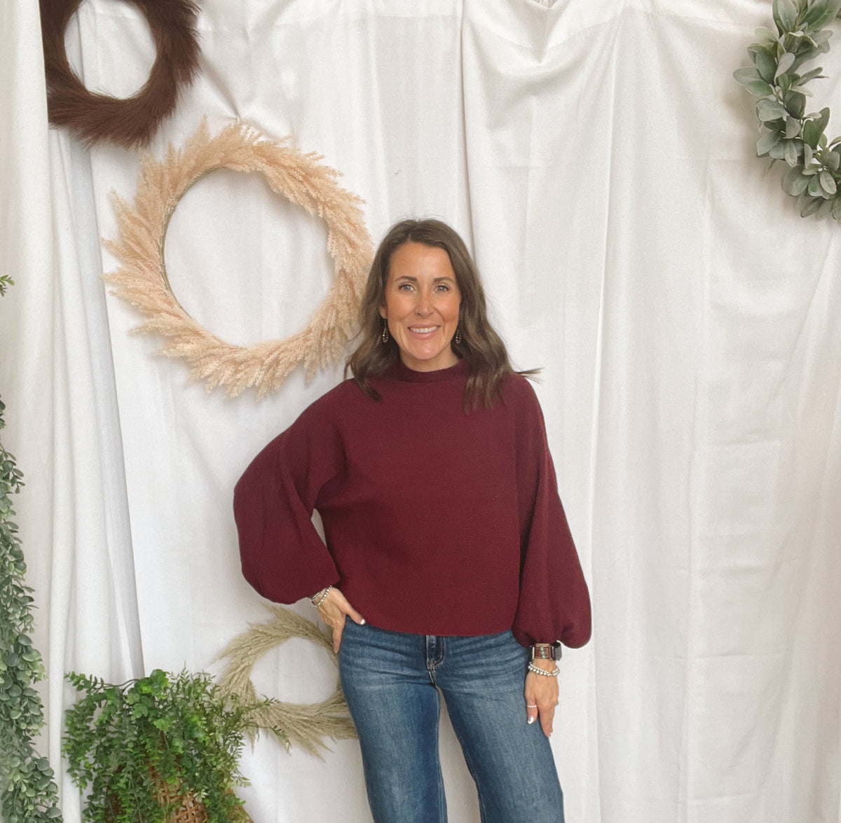 Malia Mock Neck Sweater-Burgundy-Sweaters-ENTRO-The Silo Boutique, Women's Fashion Boutique Located in Warren and Grand Forks North Dakota
