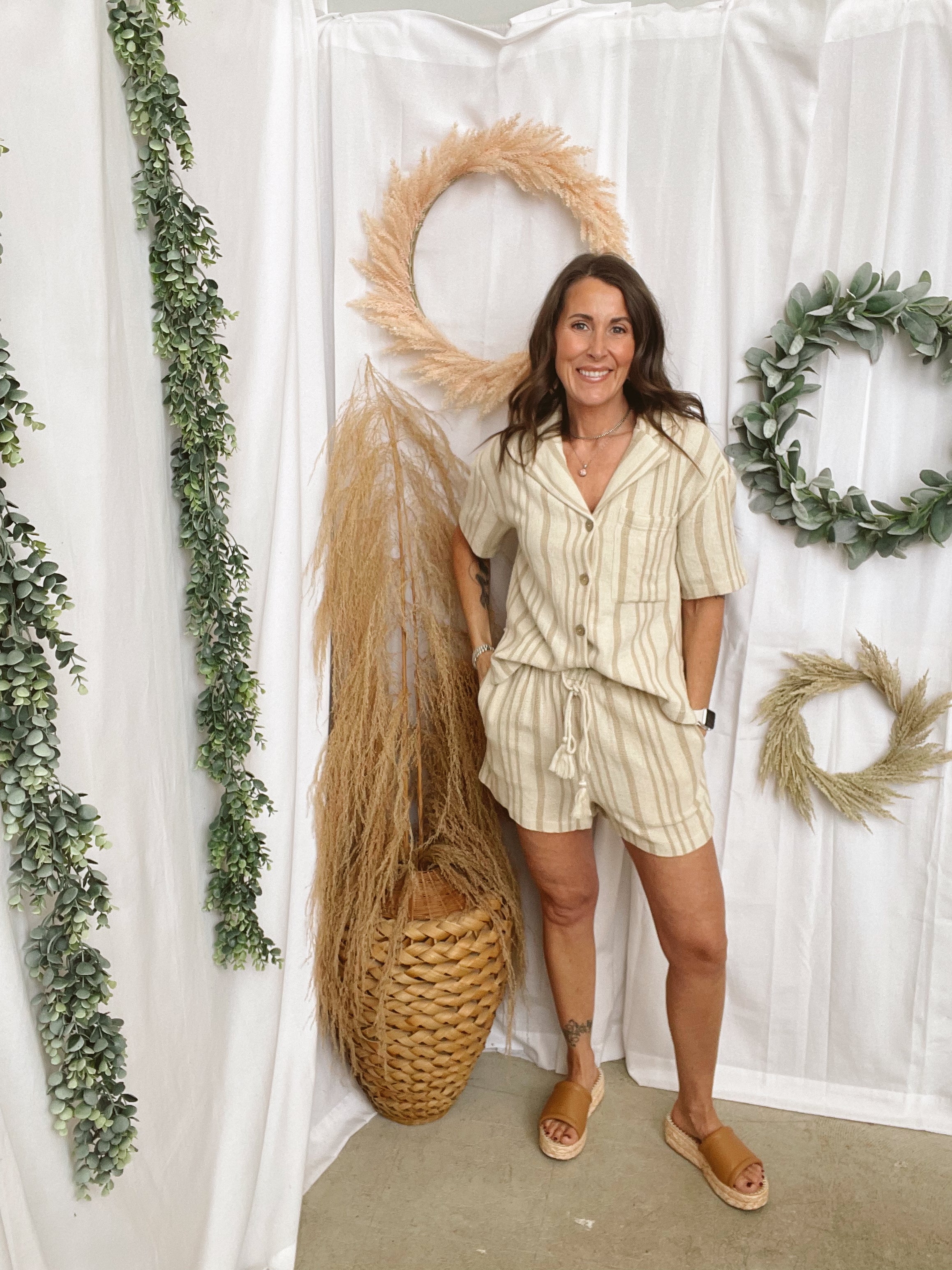 Elan Button Down Taupe Stripe Top-Short Sleeve Tops-elan-The Silo Boutique, Women's Fashion Boutique Located in Warren and Grand Forks North Dakota