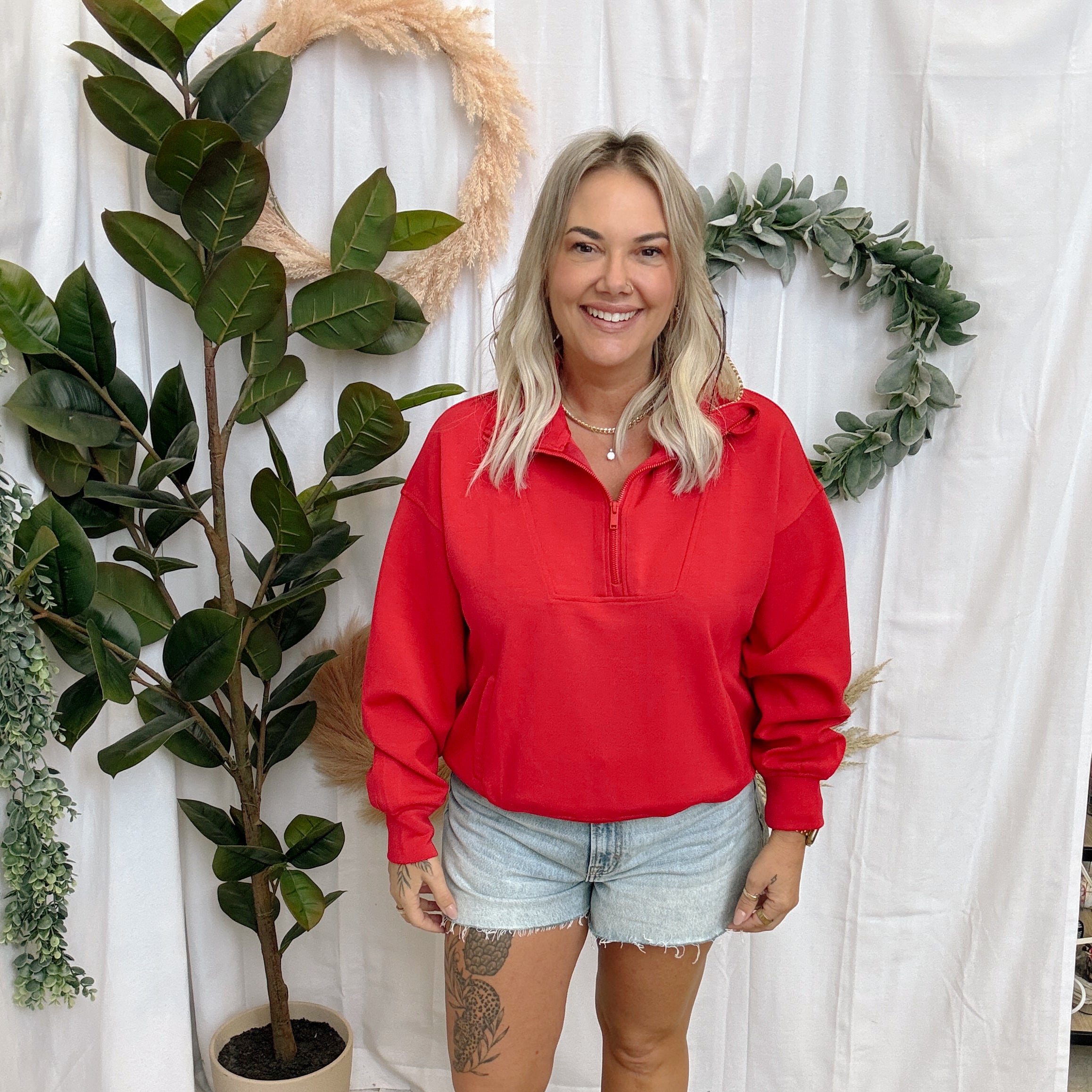 Rae Mode Quarter Zip Scuba Pullover-Red-Sweatshirts-rae mode-The Silo Boutique, Women's Fashion Boutique Located in Warren and Grand Forks North Dakota