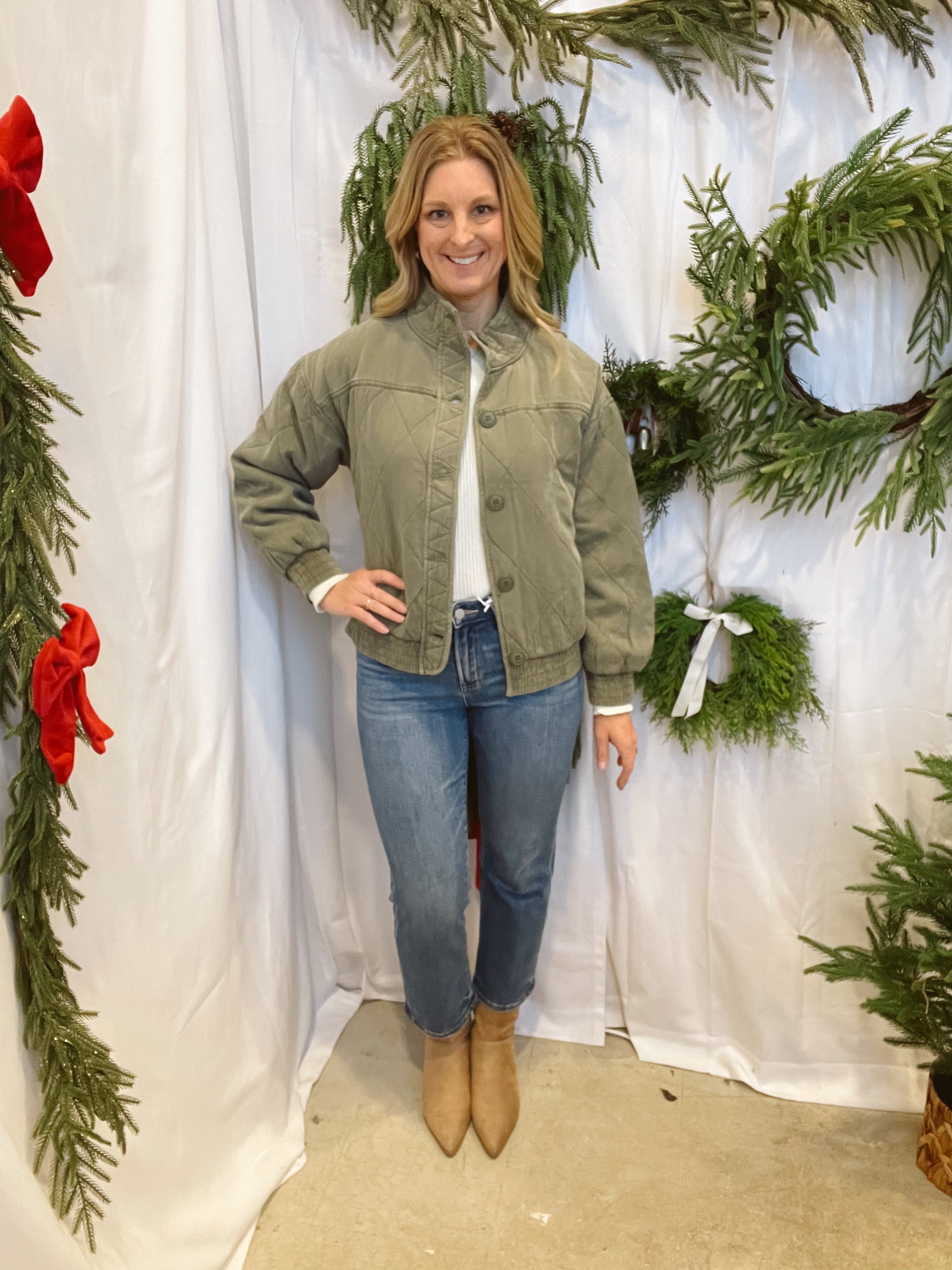 Olive Quilted Jacket-Cardigans-blu pepper-The Silo Boutique, Women's Fashion Boutique Located in Warren and Grand Forks North Dakota