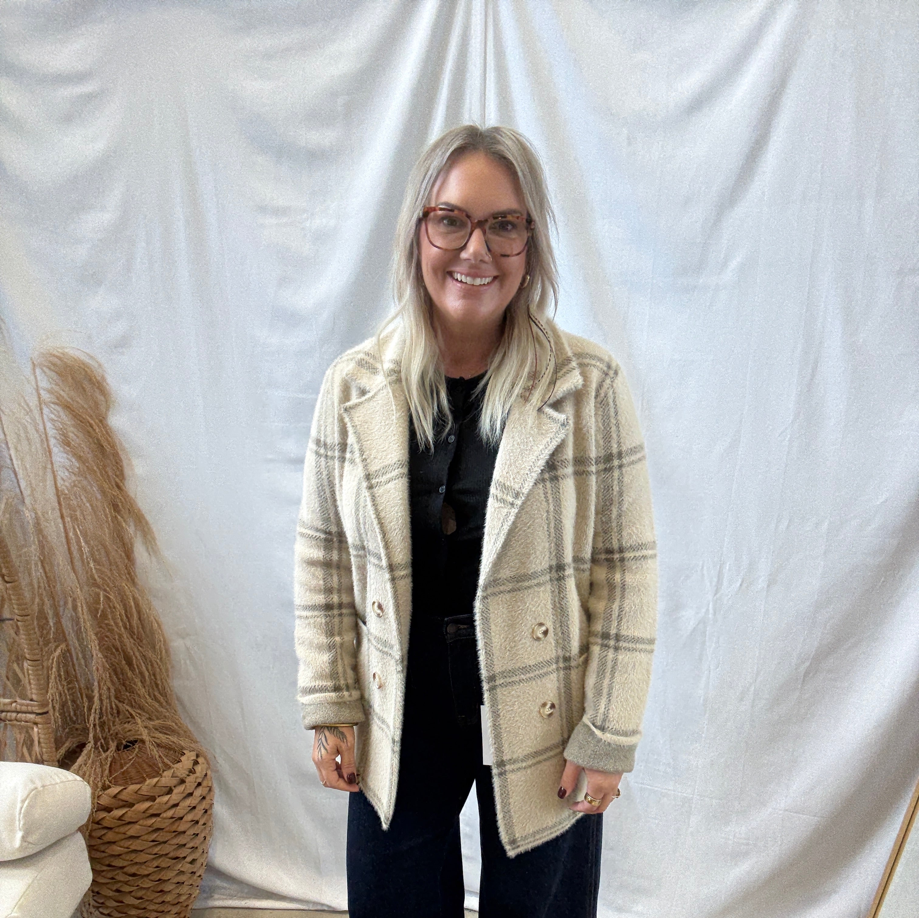 Khaki Plaid Fuzzy Coatigan-Cardigans-be cool-The Silo Boutique, Women's Fashion Boutique Located in Warren and Grand Forks North Dakota