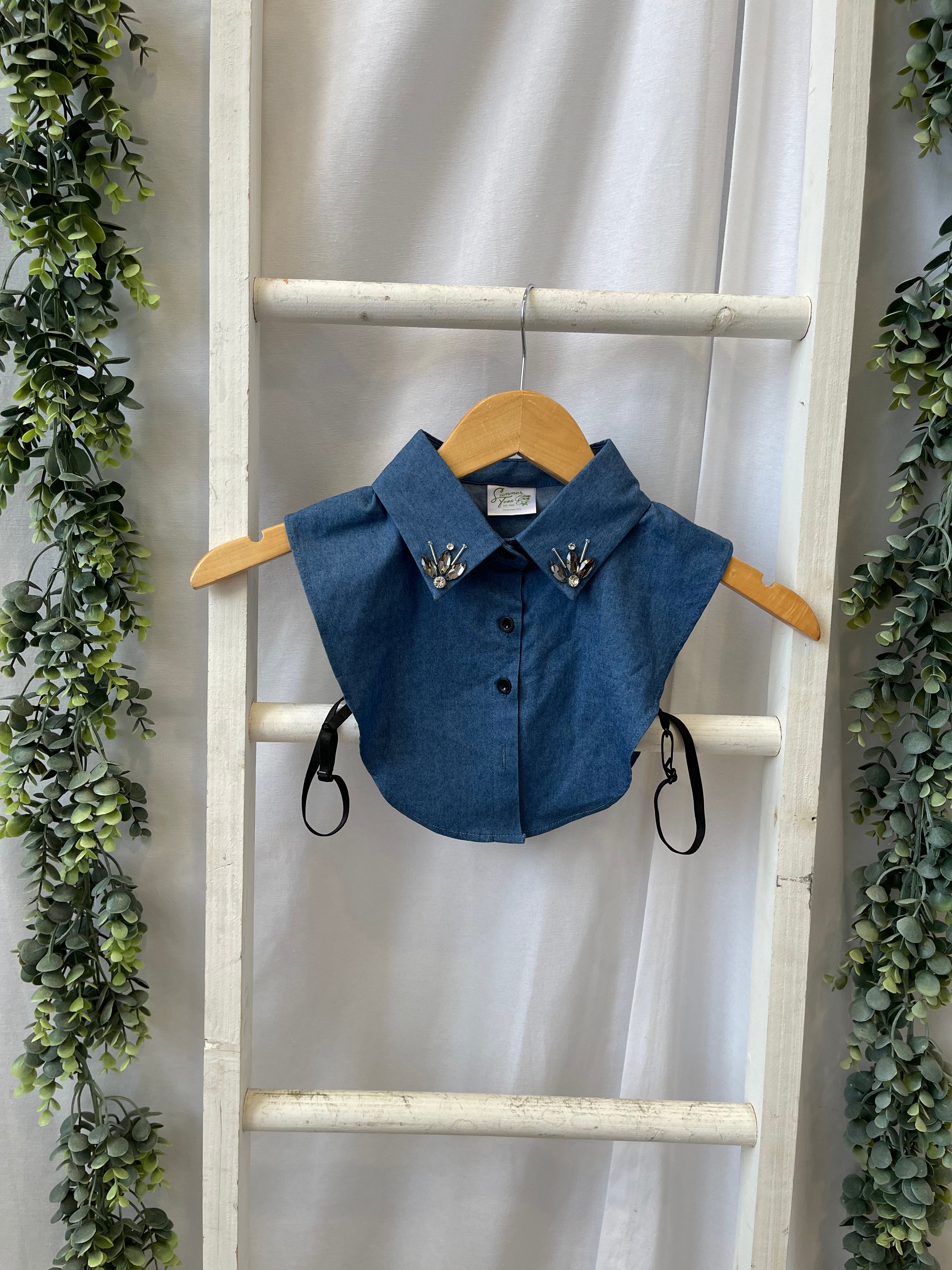 Corporate Collar-Light Denim with Gems-Short Sleeve Tops-Summer Tees-The Silo Boutique, Women's Fashion Boutique Located in Warren and Grand Forks North Dakota