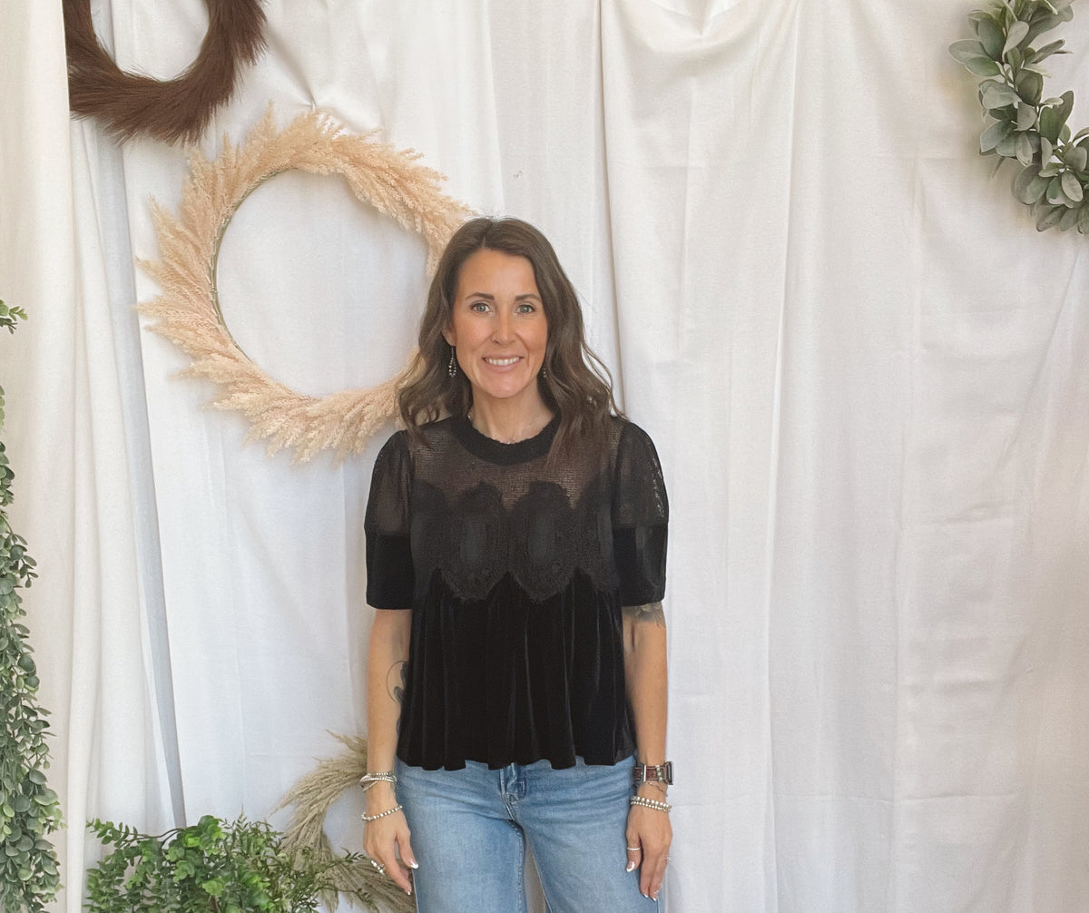 Velvet Scallop Top-Black-Short Sleeve Tops-hem and thread-The Silo Boutique, Women's Fashion Boutique Located in Warren and Grand Forks North Dakota