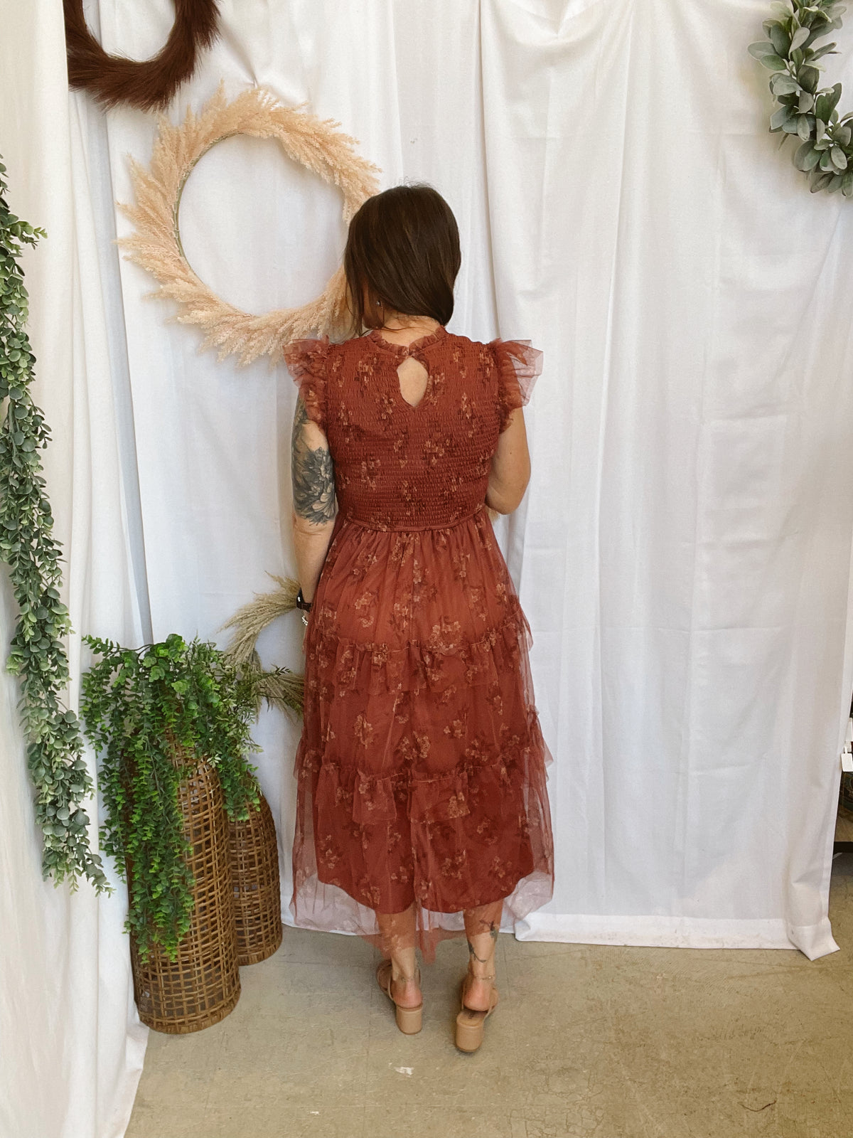Tia Ruffle Floral Dress-Terracotta-Dresses-blu pepper-The Silo Boutique, Women's Fashion Boutique Located in Warren and Grand Forks North Dakota