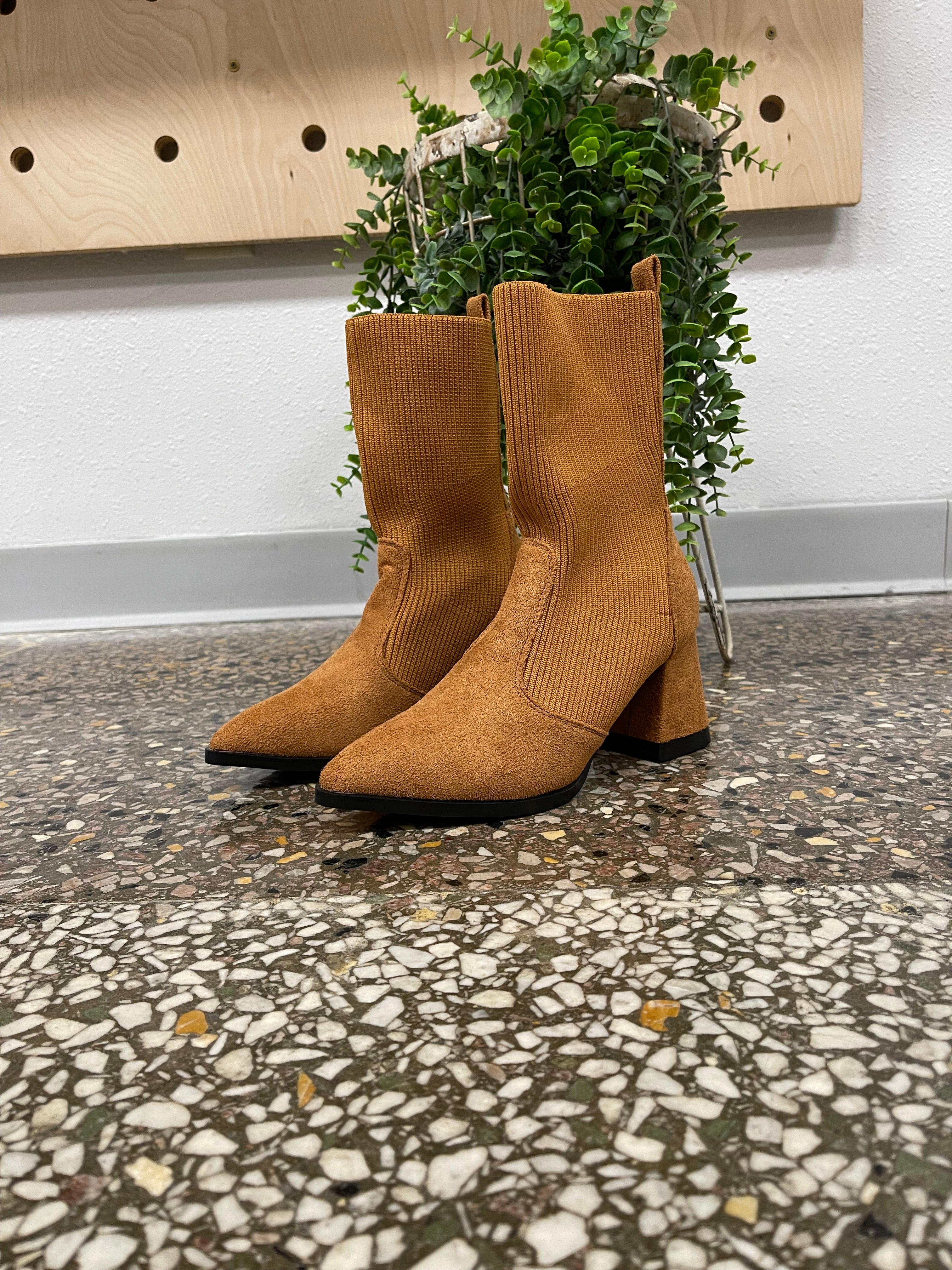 Camel Knit Chelsey Boot-Final sale-Boots-lazyshoe-The Silo Boutique, Women's Fashion Boutique Located in Warren and Grand Forks North Dakota
