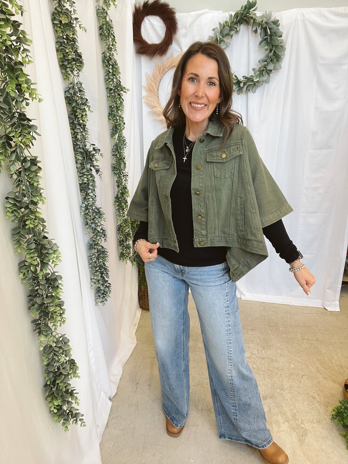 Leslie Denim Cape Jacket-Olive-Coats & Jackets-entro-The Silo Boutique, Women's Fashion Boutique Located in Warren and Grand Forks North Dakota