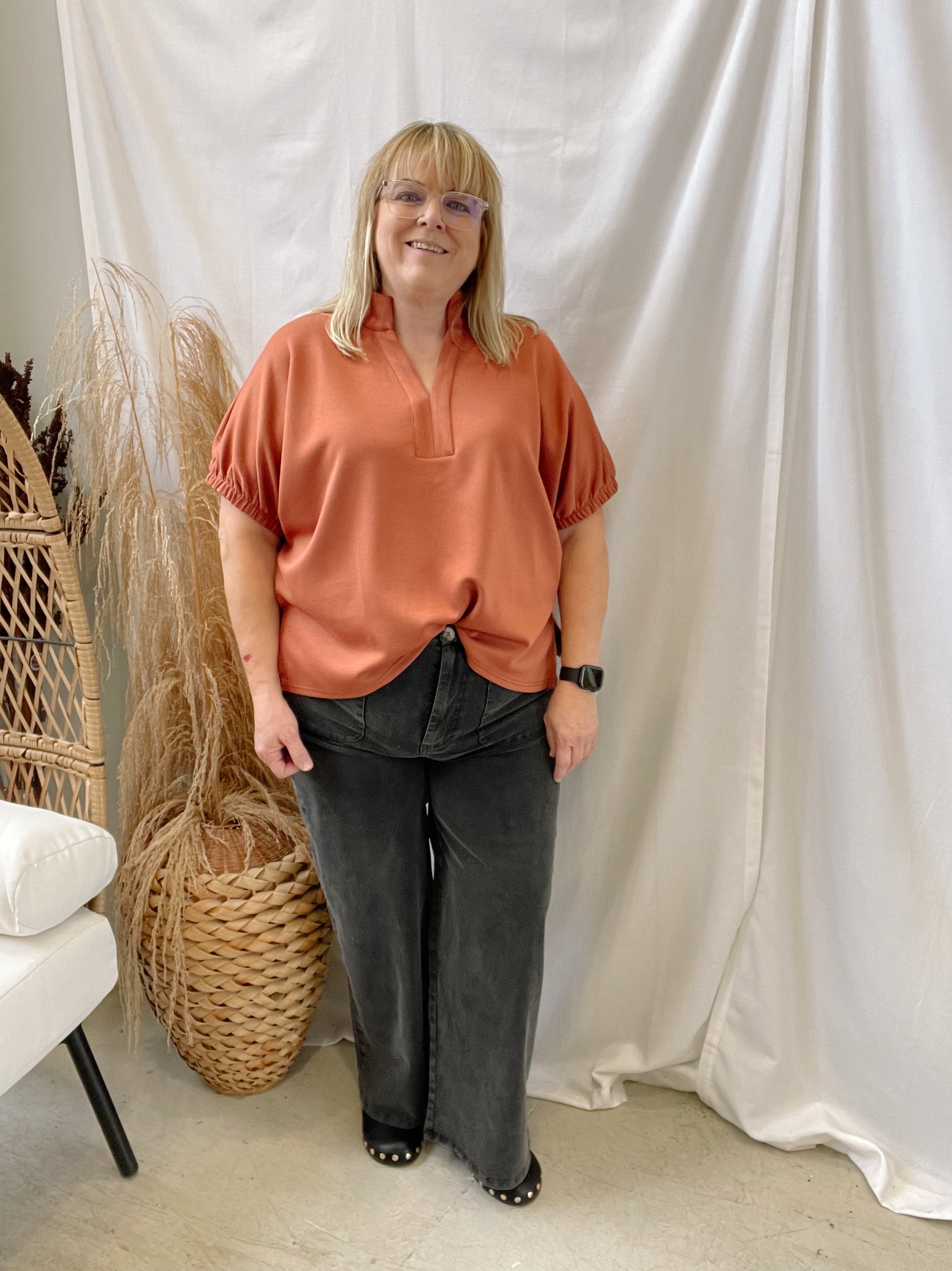 V Neck Collar Band Top-Clay-Final Sale-Short Sleeve Tops-entro-The Silo Boutique, Women's Fashion Boutique Located in Warren and Grand Forks North Dakota