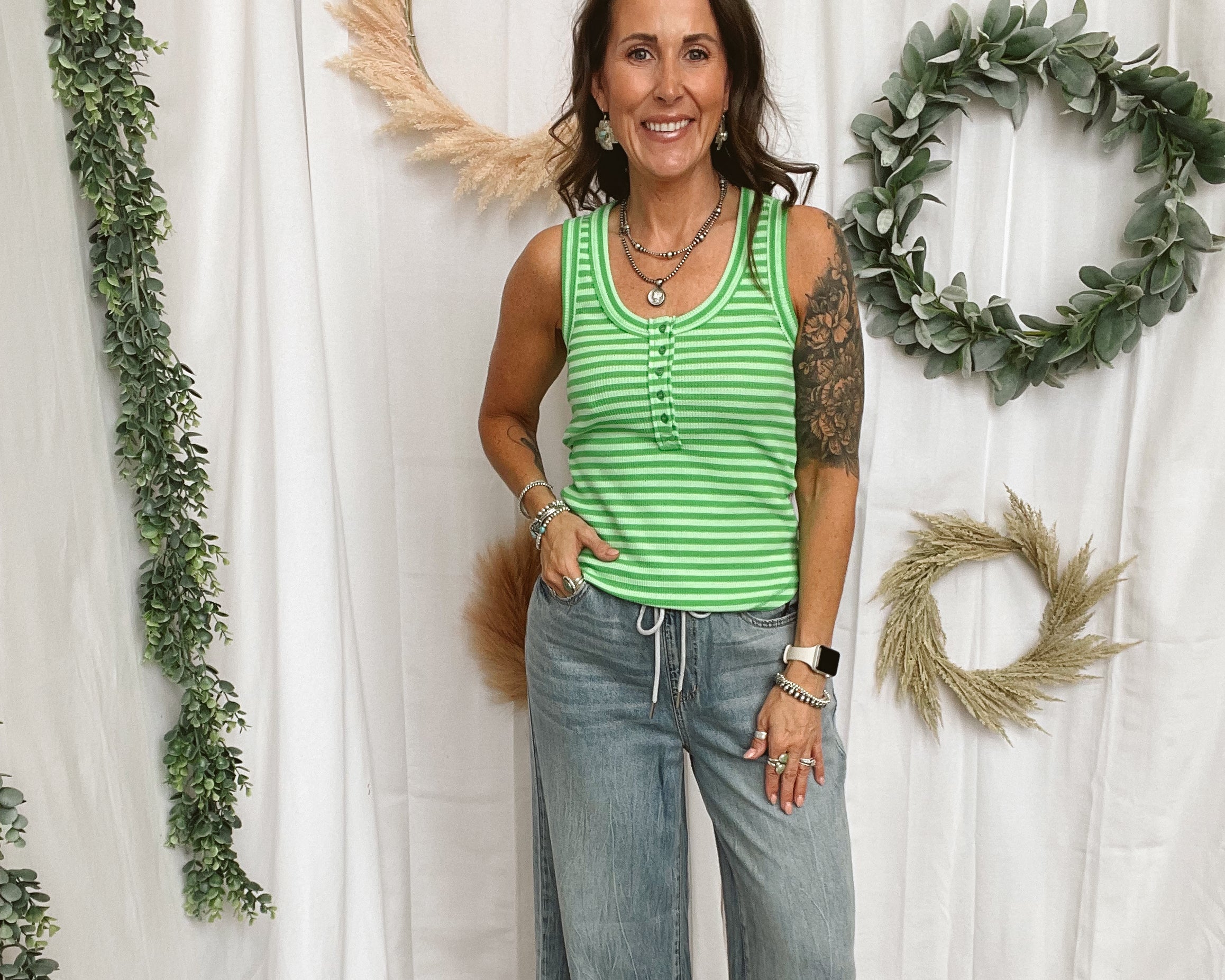 Janie Striped Tank Top-Green-Tank Tops-very j-The Silo Boutique, Women's Fashion Boutique Located in Warren and Grand Forks North Dakota