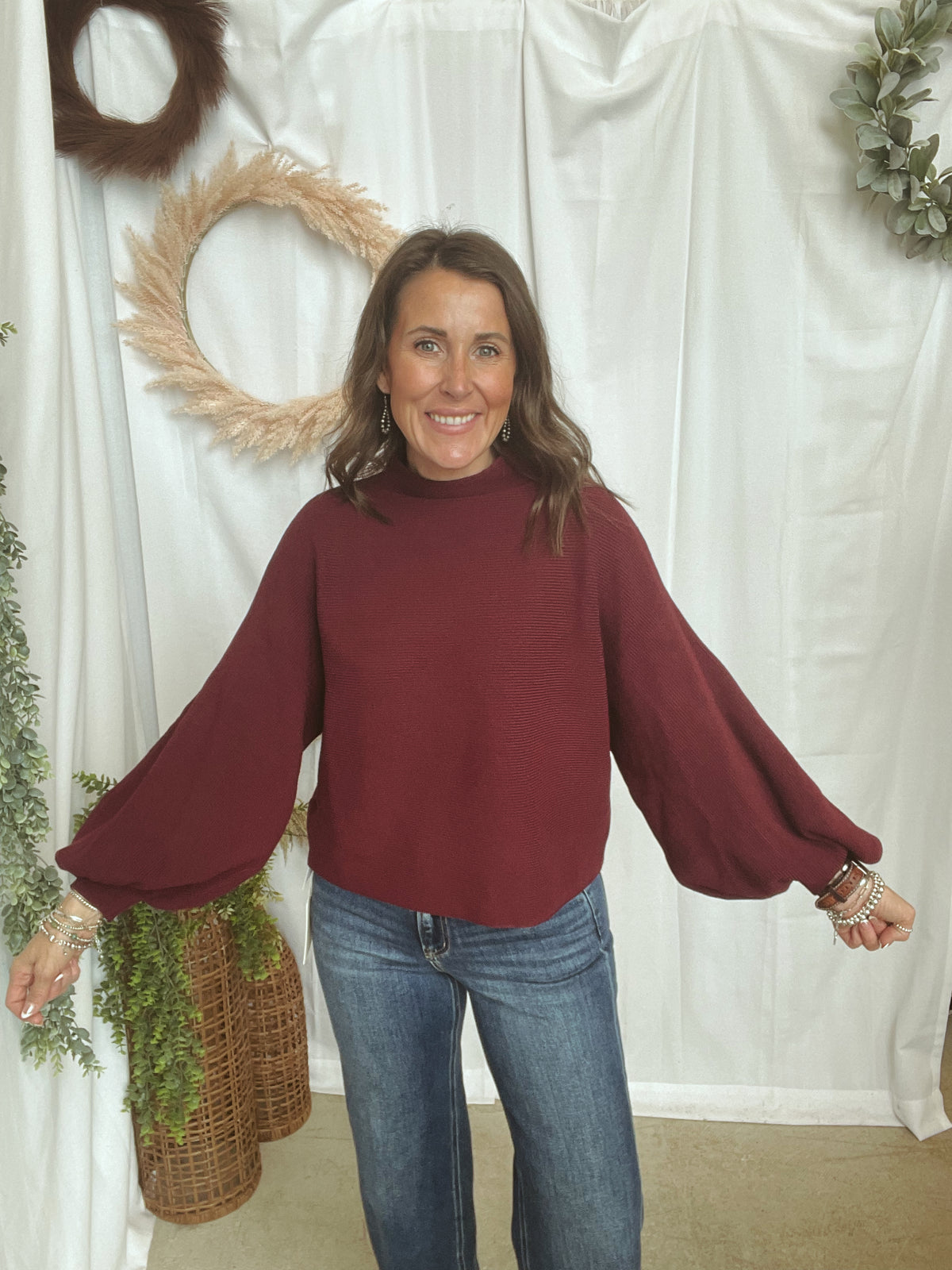 Malia Mock Neck Sweater-Burgundy-Sweaters-ENTRO-The Silo Boutique, Women's Fashion Boutique Located in Warren and Grand Forks North Dakota
