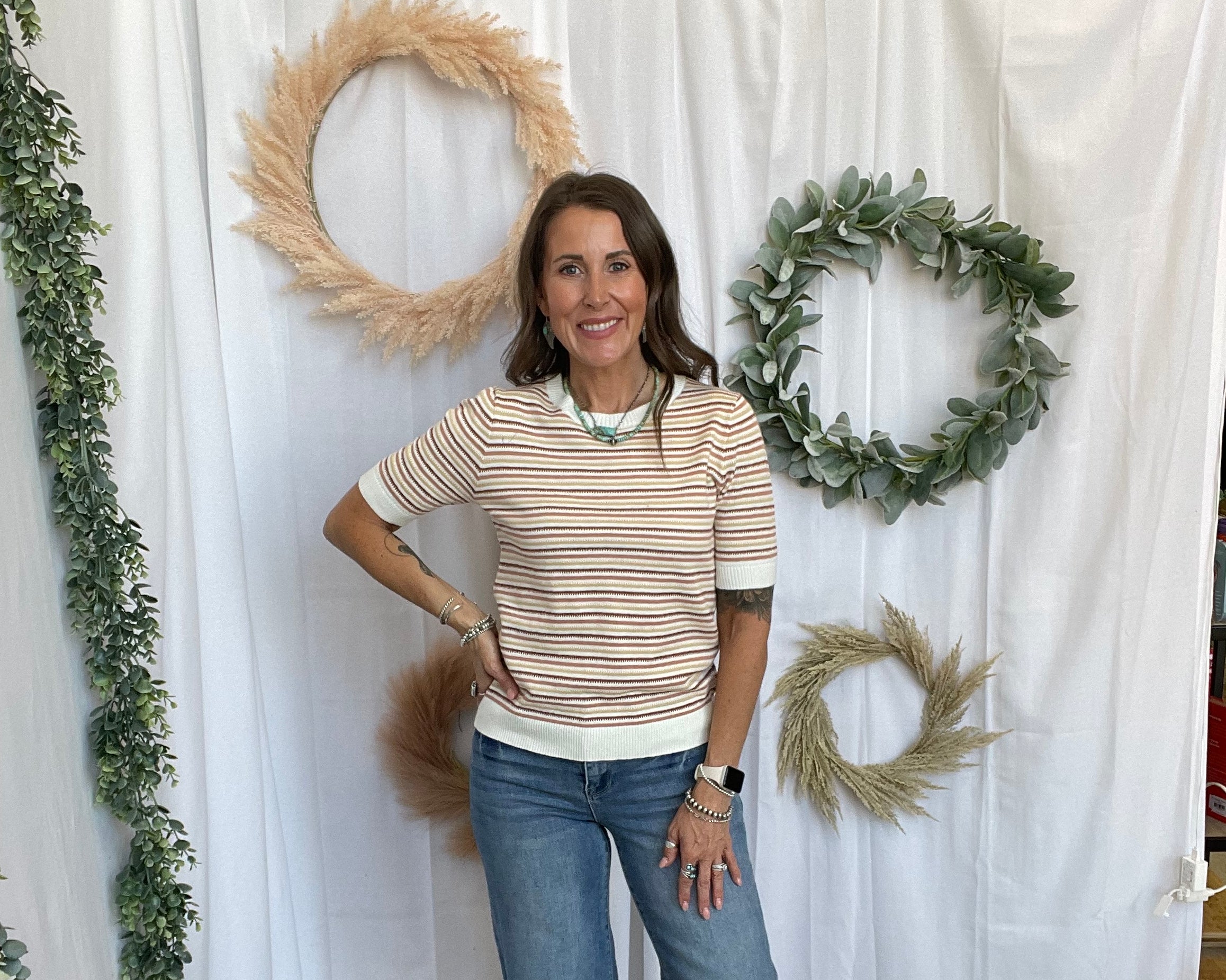 Rose Striped Crew Top-Tank Tops-staccato-The Silo Boutique, Women's Fashion Boutique Located in Warren and Grand Forks North Dakota