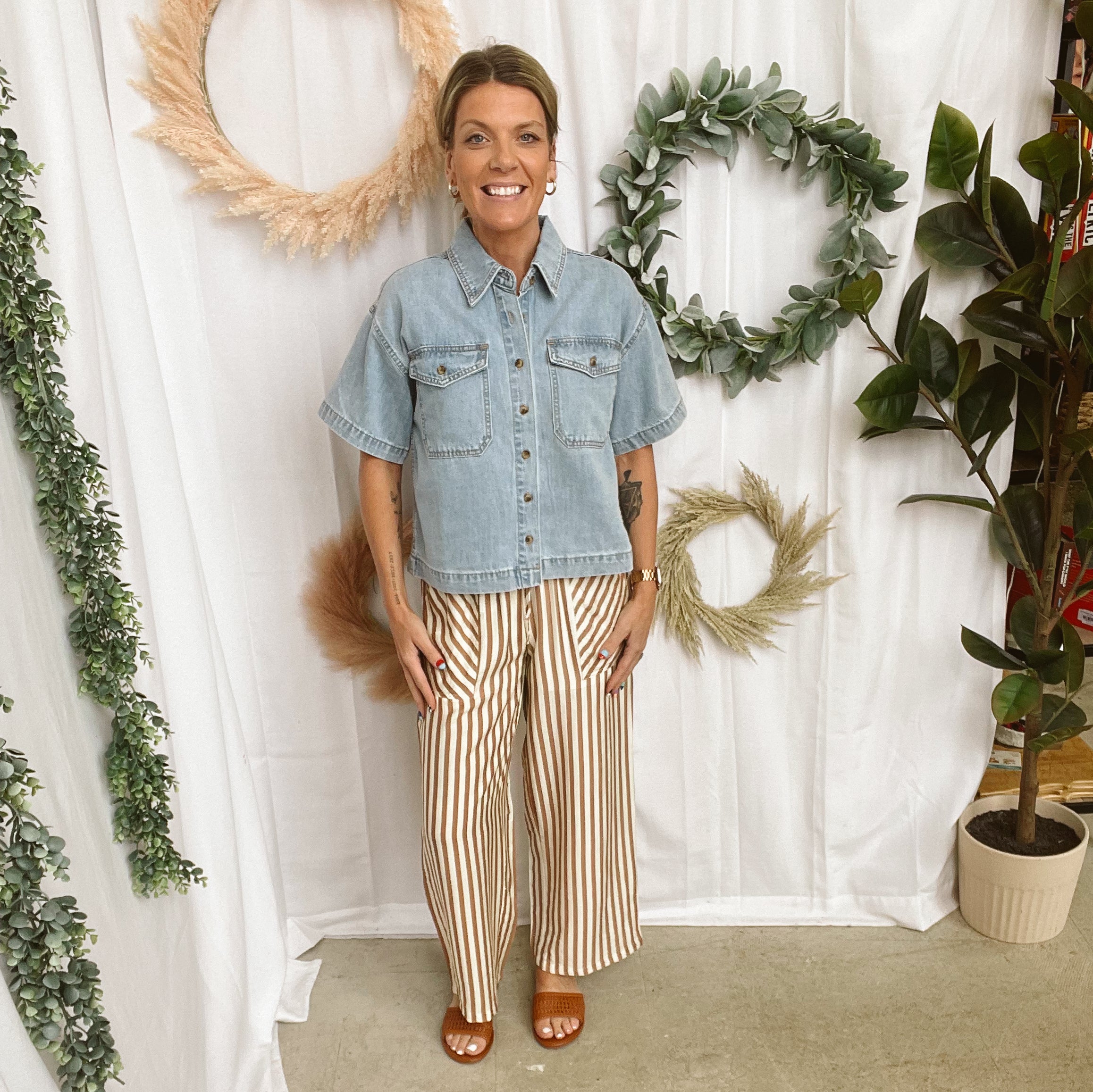 West Mocha Striped Pants-Pants-wishlist-The Silo Boutique, Women's Fashion Boutique Located in Warren and Grand Forks North Dakota