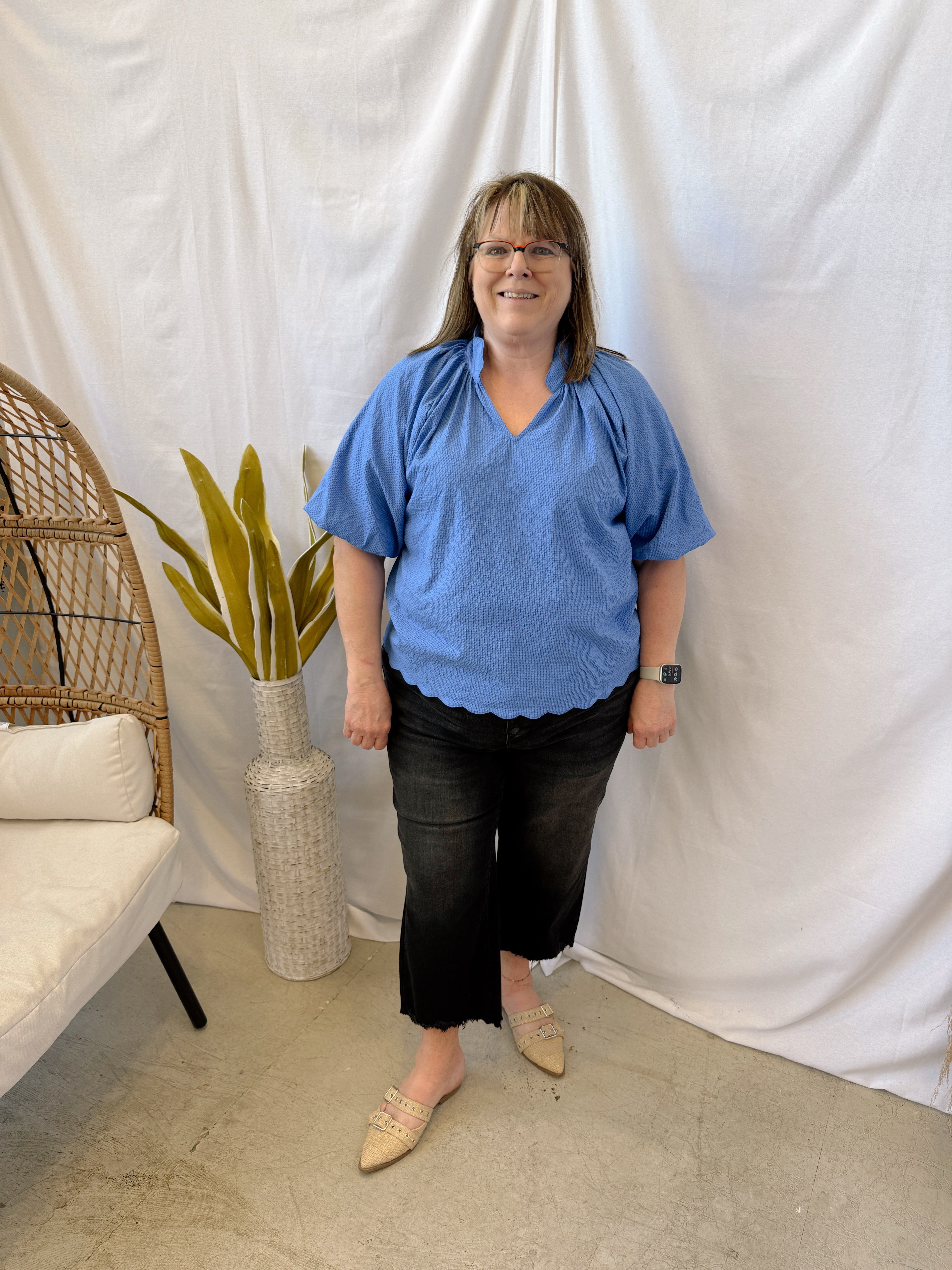 Bubble Sleeved Seersucker Top-Ocean-Final Sale-Short Sleeve Tops-Umgee-The Silo Boutique, Women's Fashion Boutique Located in Warren and Grand Forks North Dakota