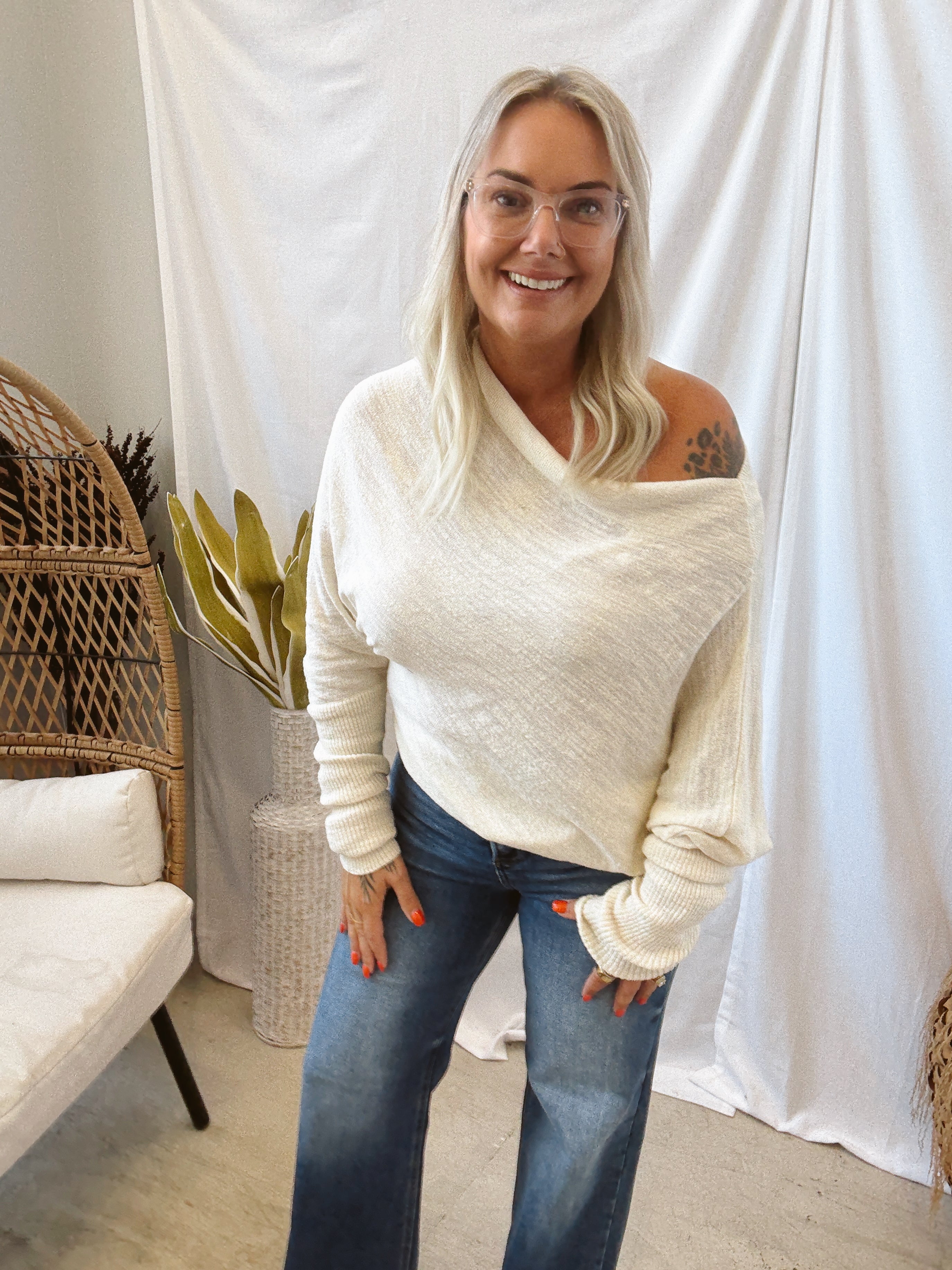 Slub Asymmetrical Cream Sweater-Final Sale-Long Sleeve Tops-promesa-The Silo Boutique, Women's Fashion Boutique Located in Warren and Grand Forks North Dakota