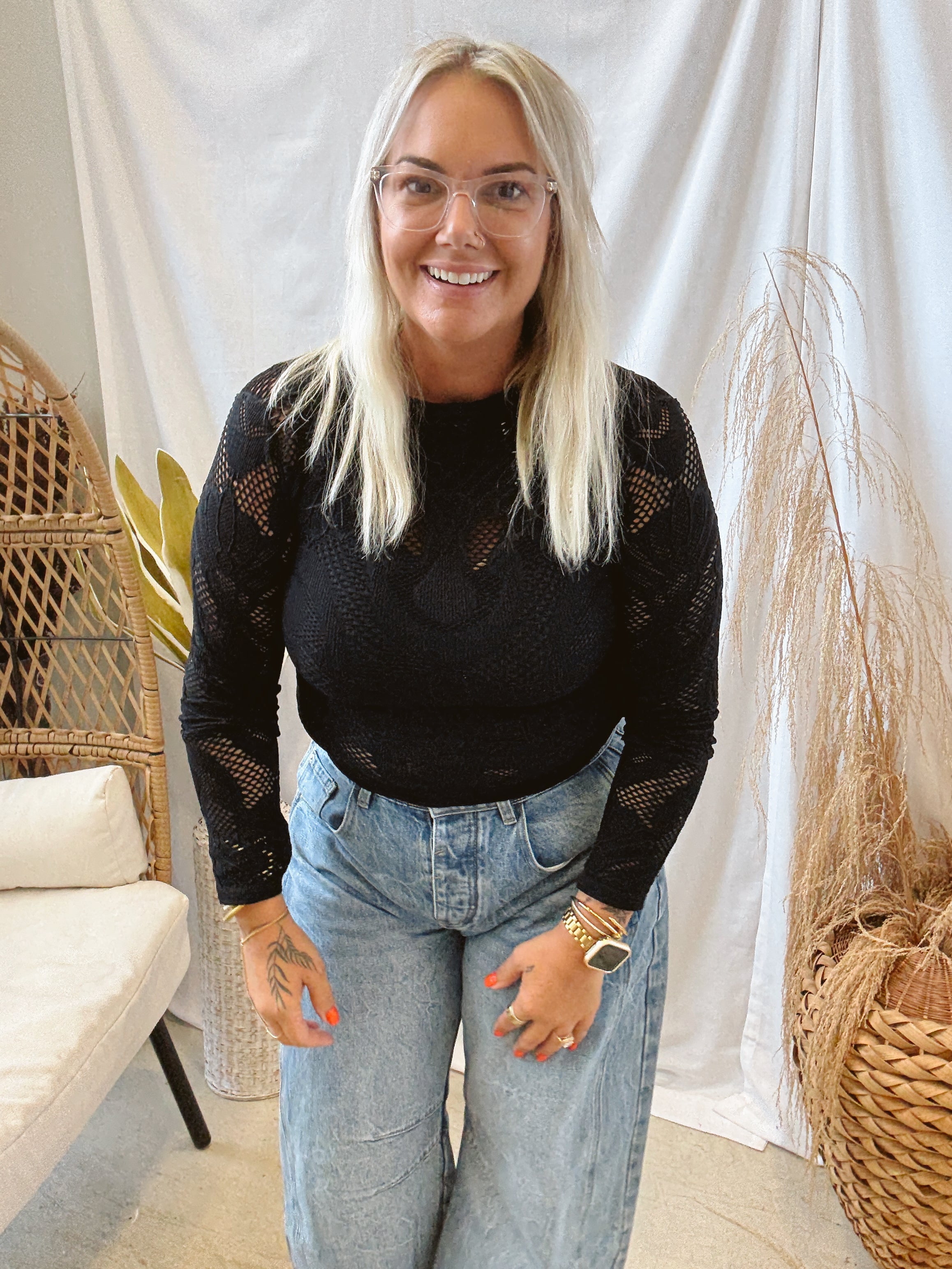 Knit Seamless Jacquard Top-Black-Long Sleeve Tops-by together-The Silo Boutique, Women's Fashion Boutique Located in Warren and Grand Forks North Dakota