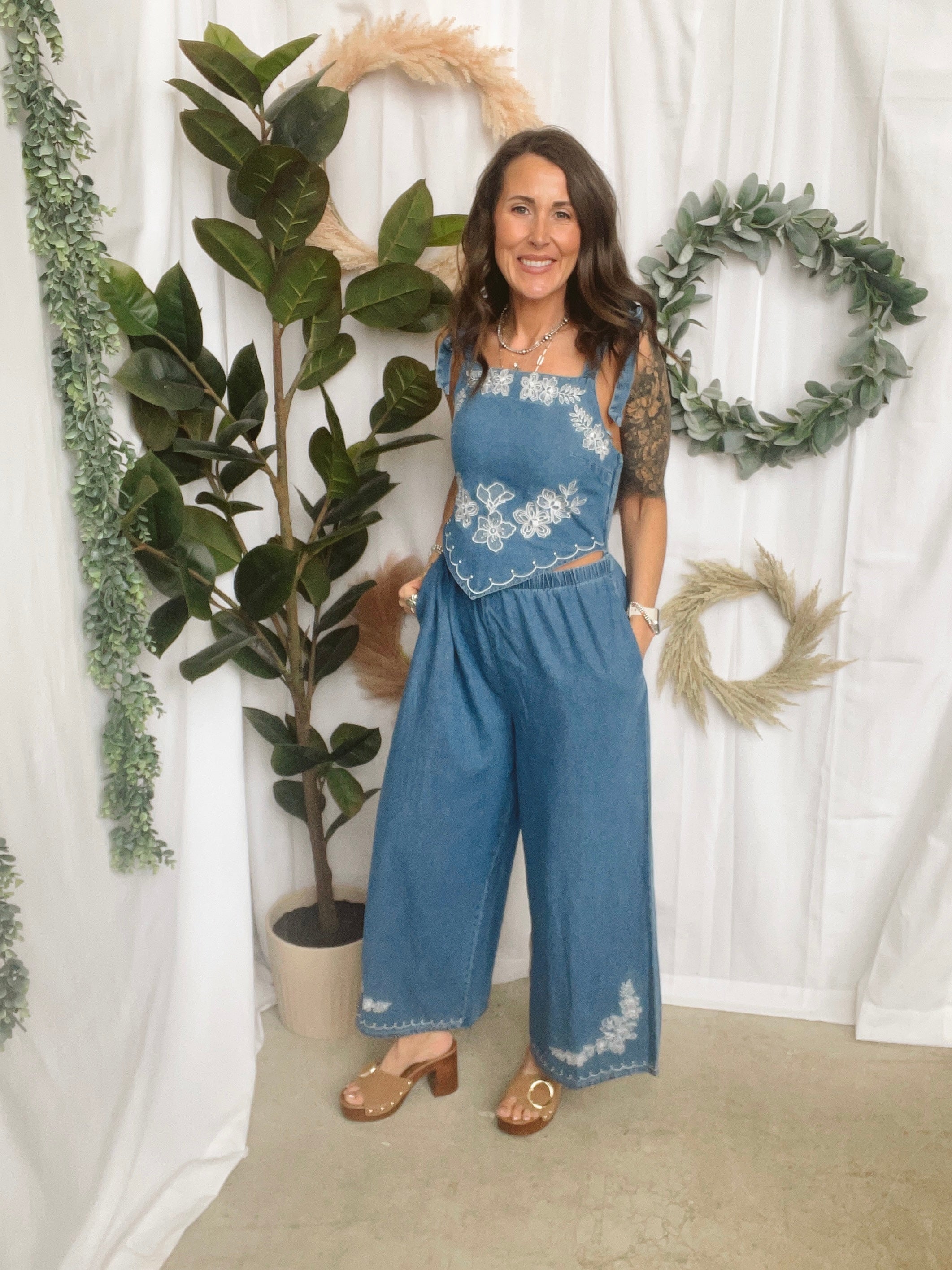 Denim Floral Jumpsuit-Jumpsuits & Rompers-peach love-The Silo Boutique, Women's Fashion Boutique Located in Warren and Grand Forks North Dakota