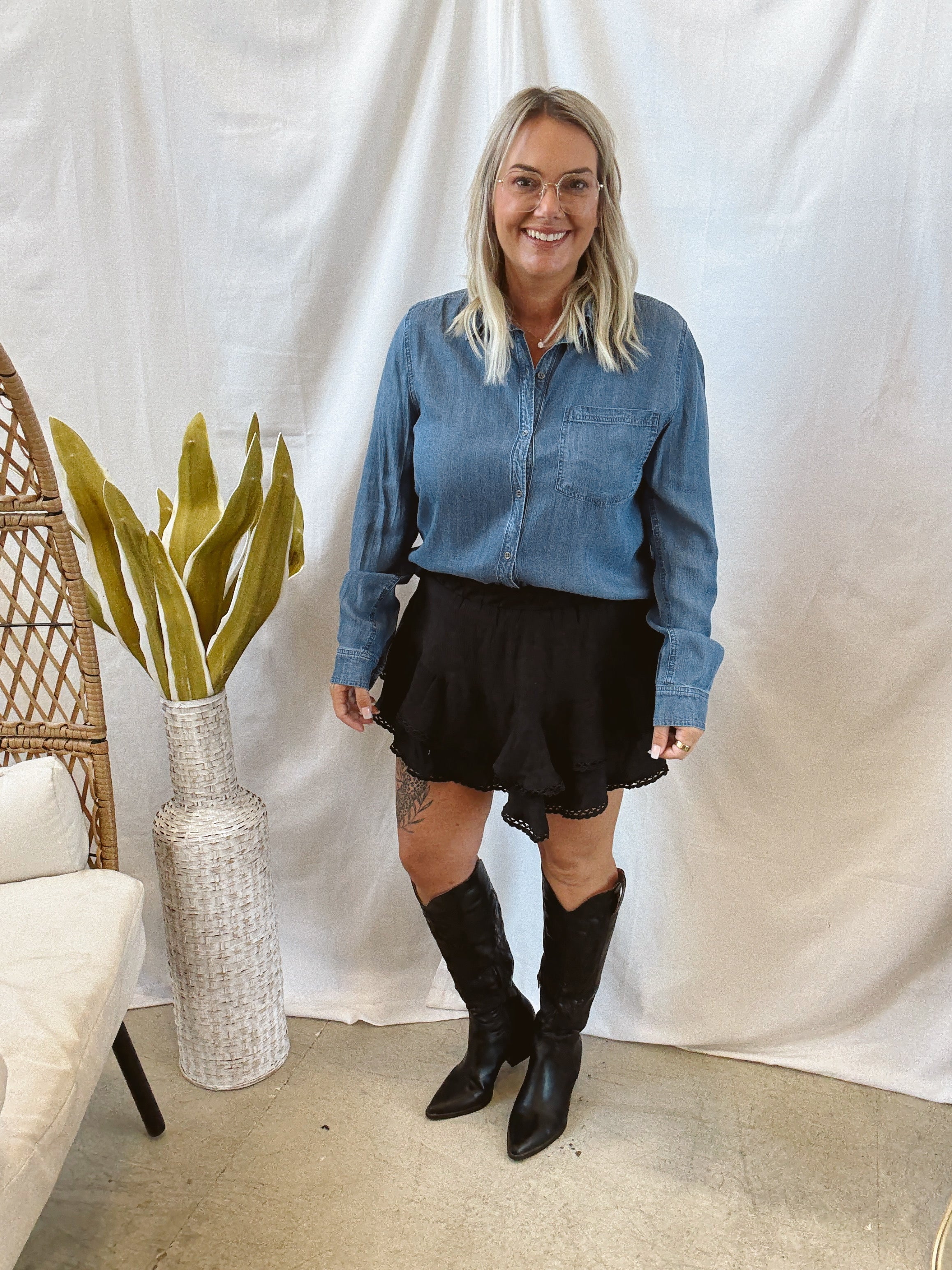 Med Wash Cool Denim Long Sleeve Top-Final Sale-Long Sleeve Tops-be cool-The Silo Boutique, Women's Fashion Boutique Located in Warren and Grand Forks North Dakota