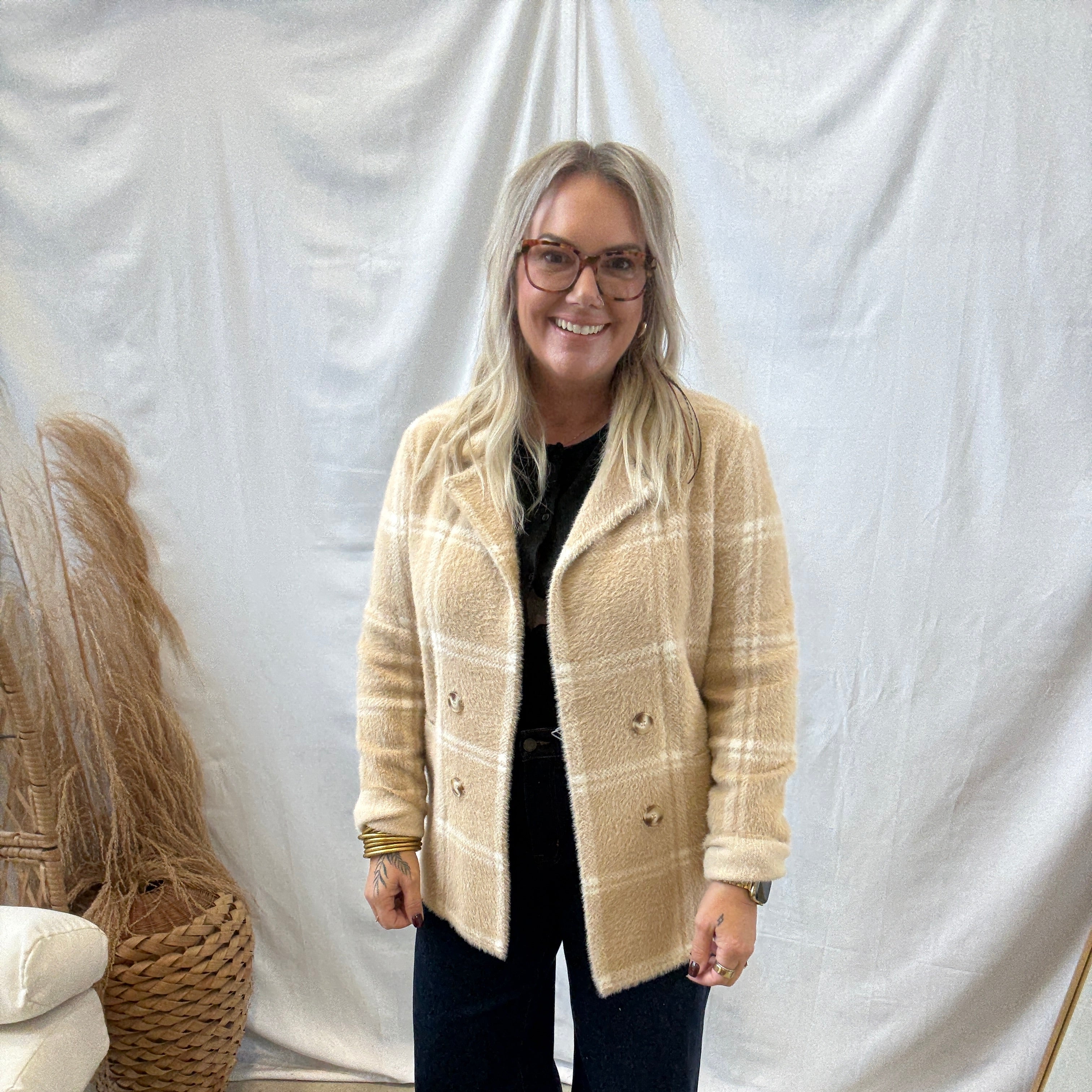 Ivory Plaid Fuzzy Coatigan-Final Sale-Cardigans-be cool-The Silo Boutique, Women's Fashion Boutique Located in Warren and Grand Forks North Dakota