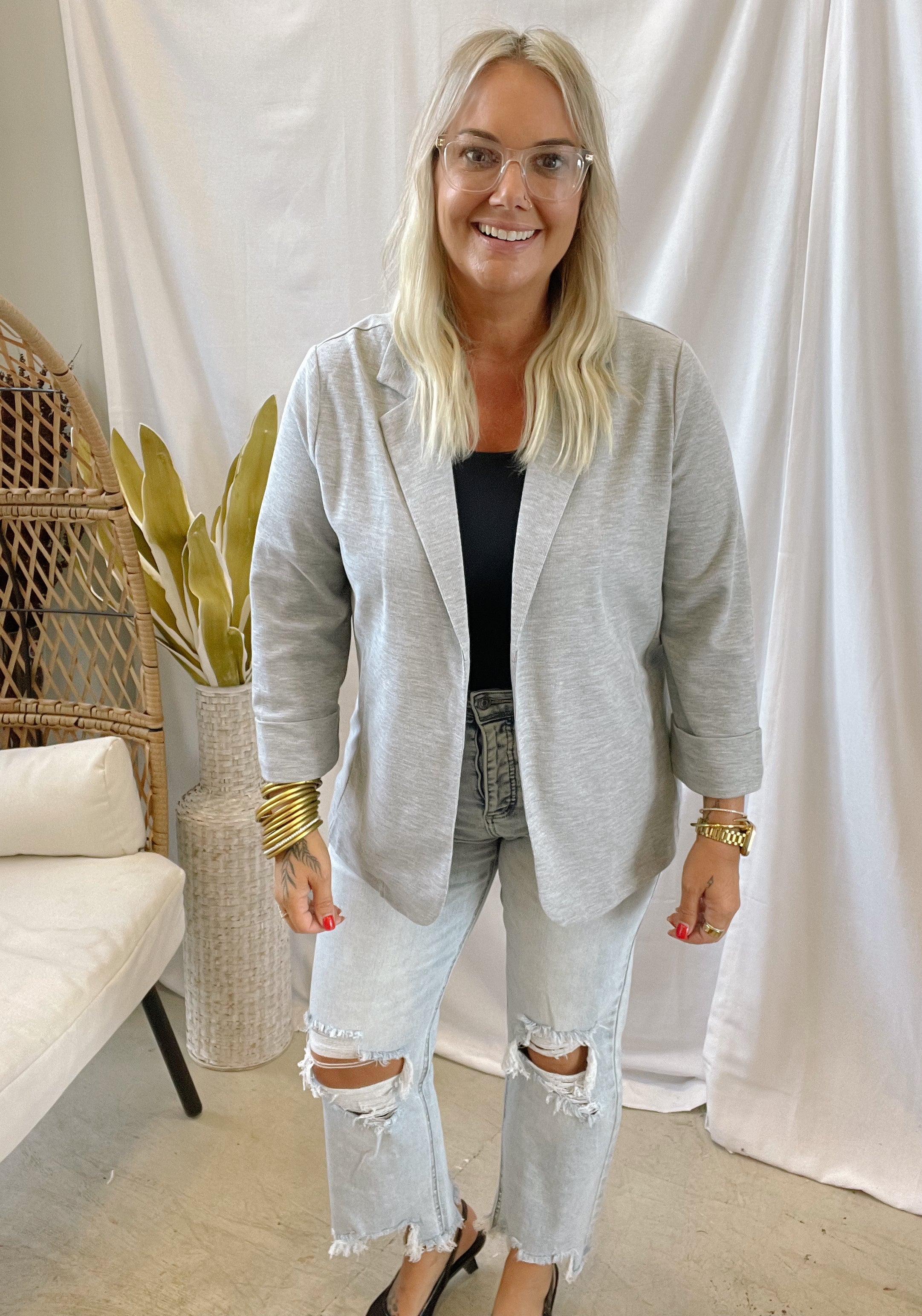 Rae Knit Blazer-Grey-Blazers-Doe and Rae-The Silo Boutique, Women's Fashion Boutique Located in Warren and Grand Forks North Dakota