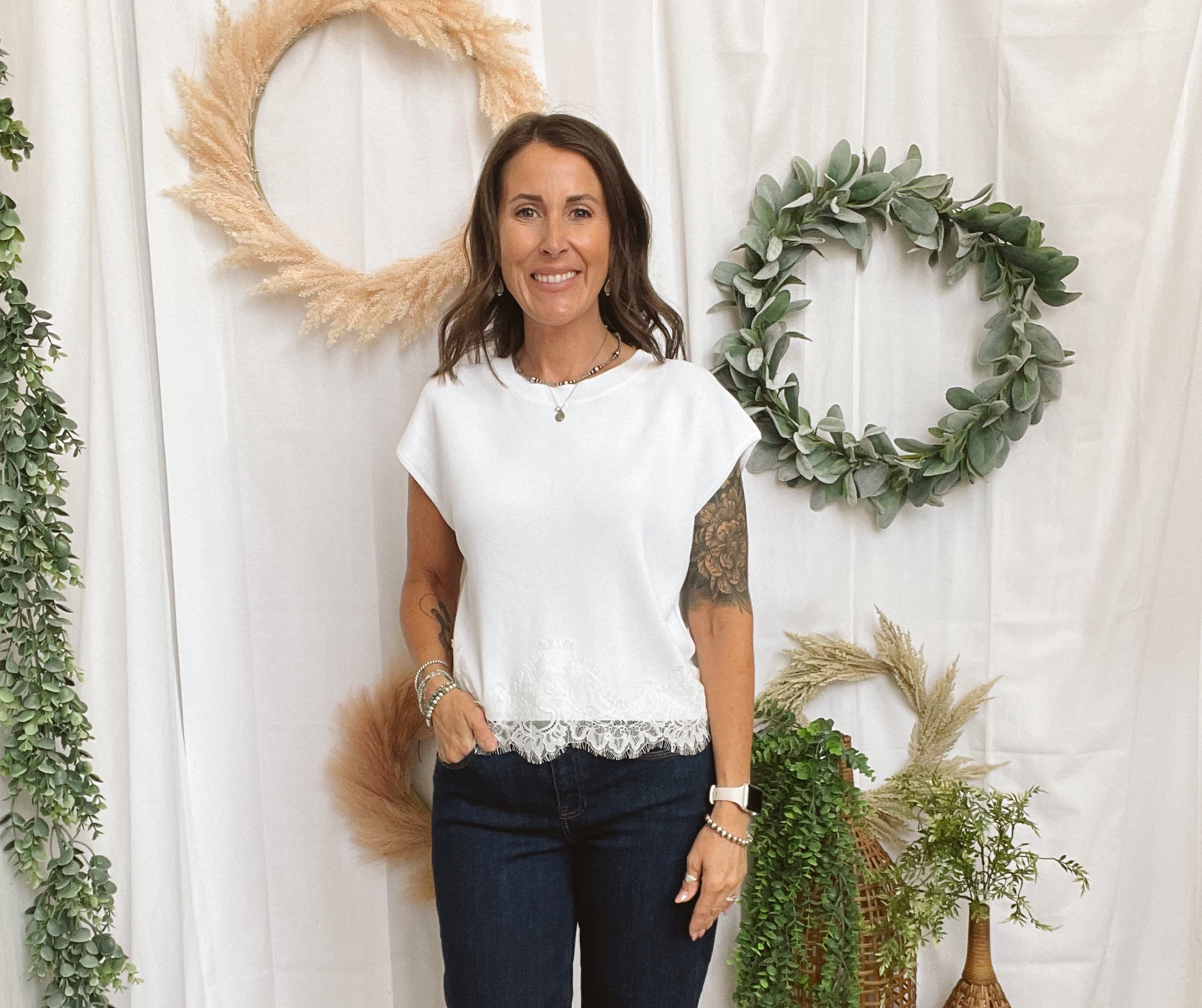 Tessa Knit Lace Hem Top-White-Short Sleeve Tops-entro-The Silo Boutique, Women's Fashion Boutique Located in Warren and Grand Forks North Dakota
