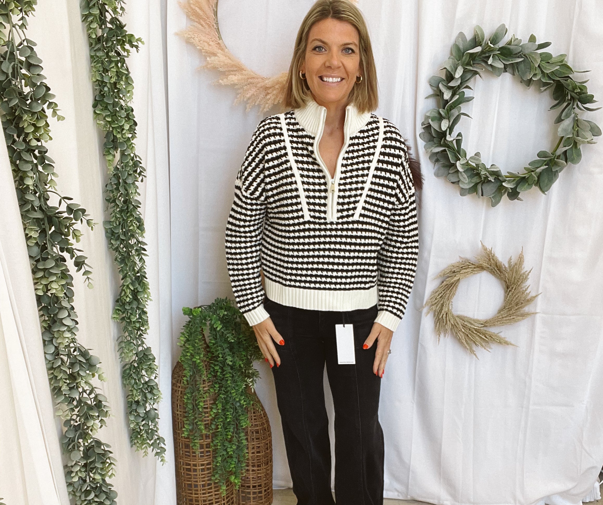 Elan Quarter Zip Stripe Sweater-Black-Sweaters-elan-The Silo Boutique, Women's Fashion Boutique Located in Warren and Grand Forks North Dakota