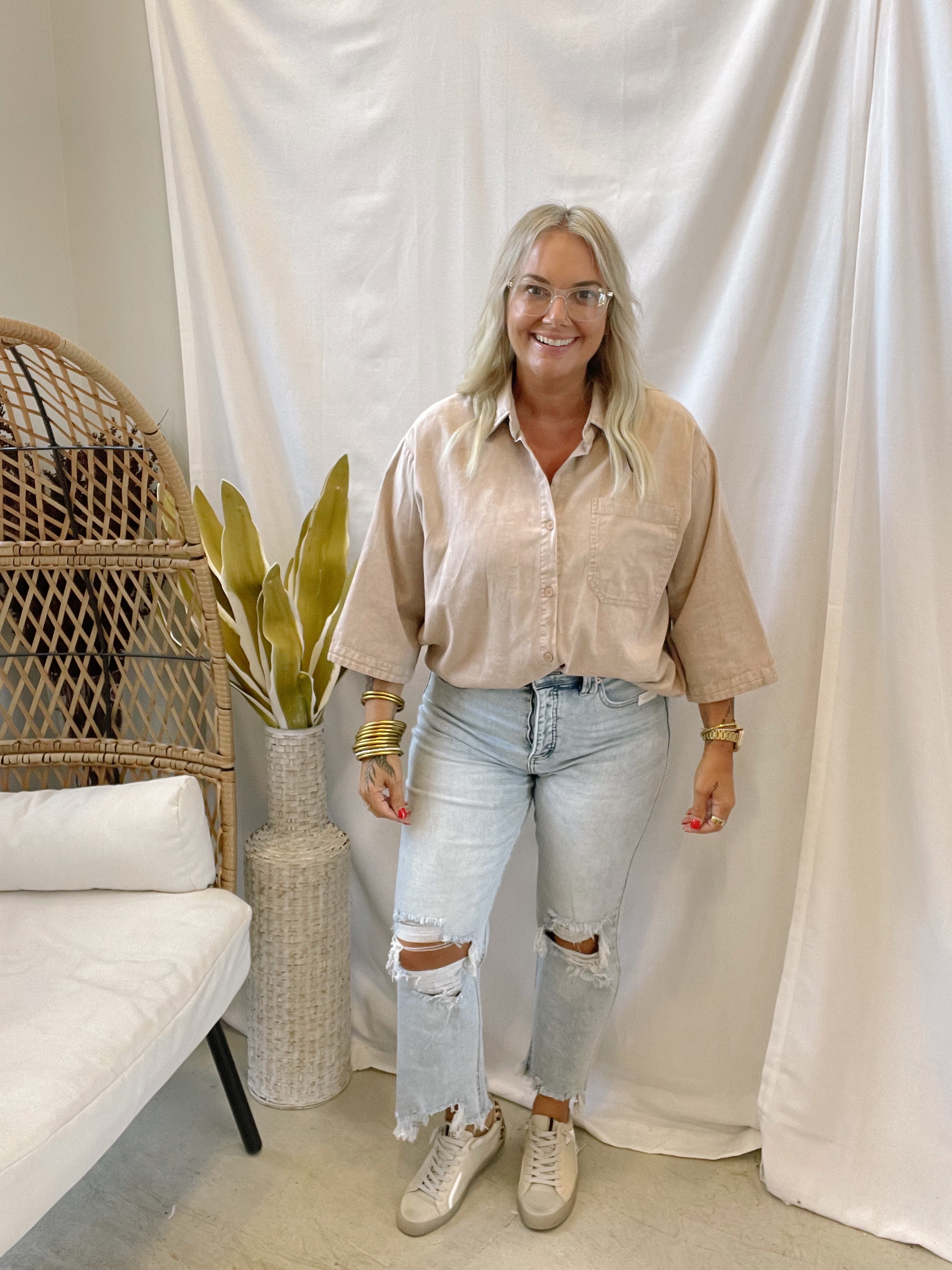 Taupe Button Down Long Sleeve Top-Long Sleeve Tops-hyfve-The Silo Boutique, Women's Fashion Boutique Located in Warren and Grand Forks North Dakota