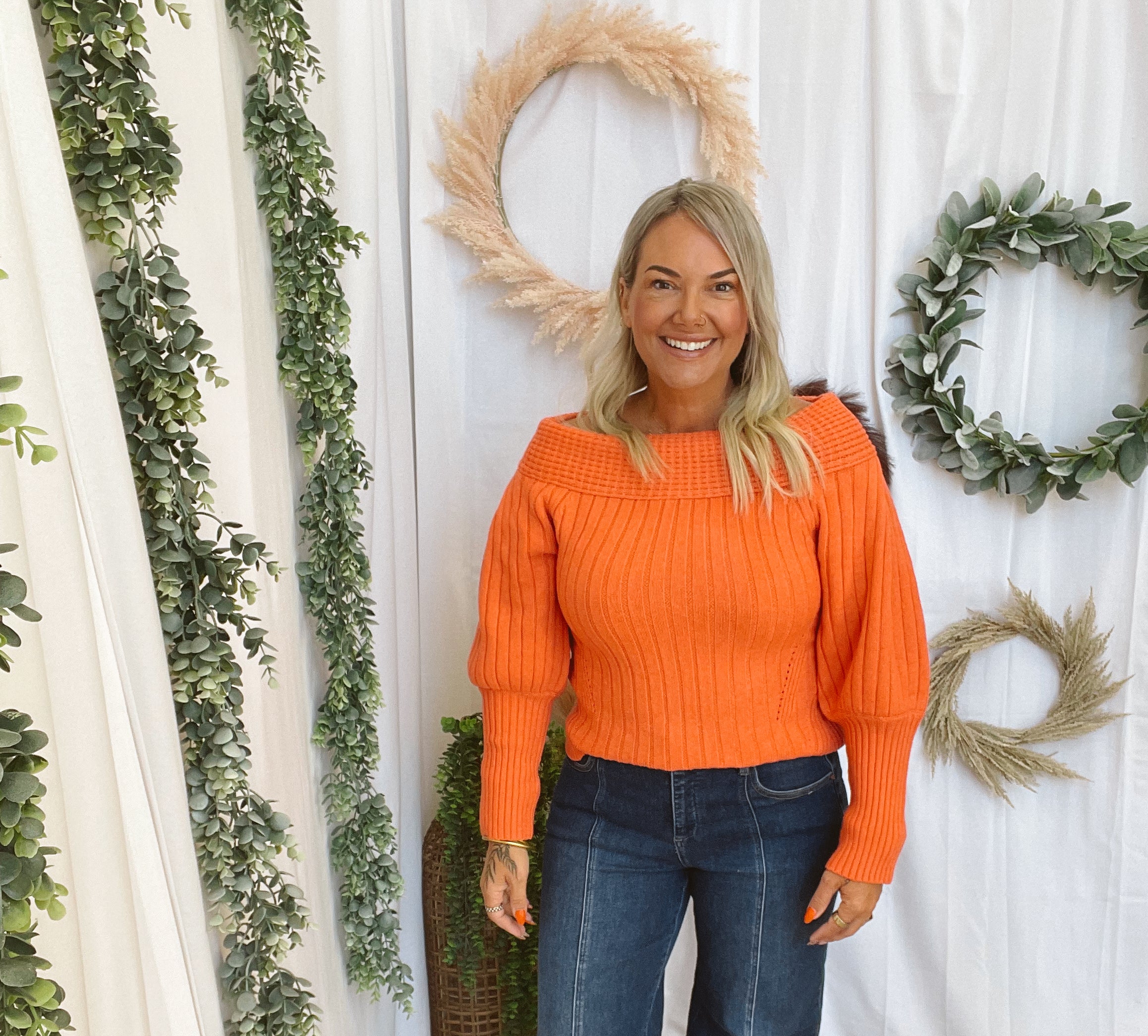 Snowie Off The Shoulder Sweater-Tomato-Sweaters-cotierra-The Silo Boutique, Women's Fashion Boutique Located in Warren and Grand Forks North Dakota