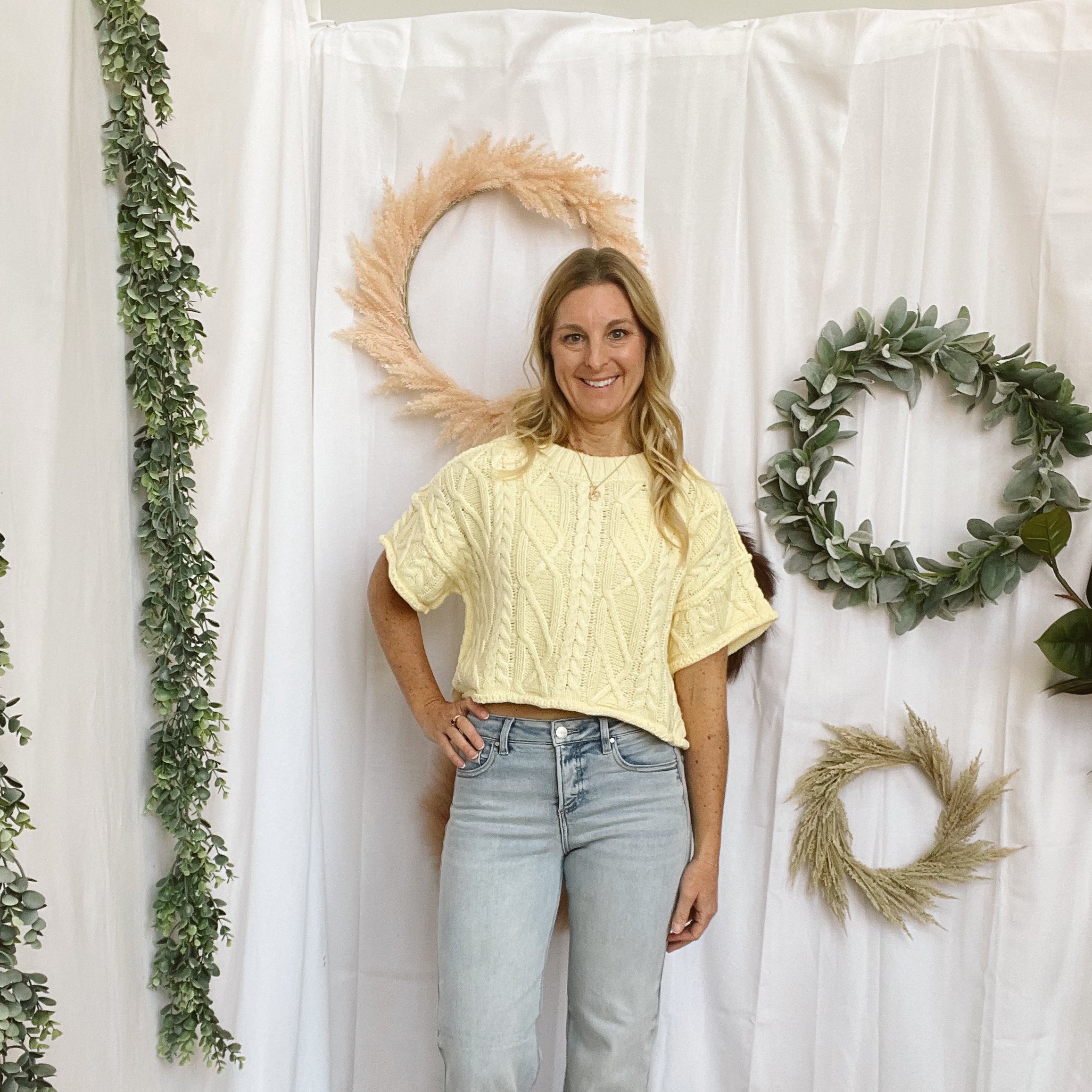 Lisa Cable Short Sleeve Sweater Top-Yellow-Short Sleeve Tops-lelis-The Silo Boutique, Women's Fashion Boutique Located in Warren and Grand Forks North Dakota