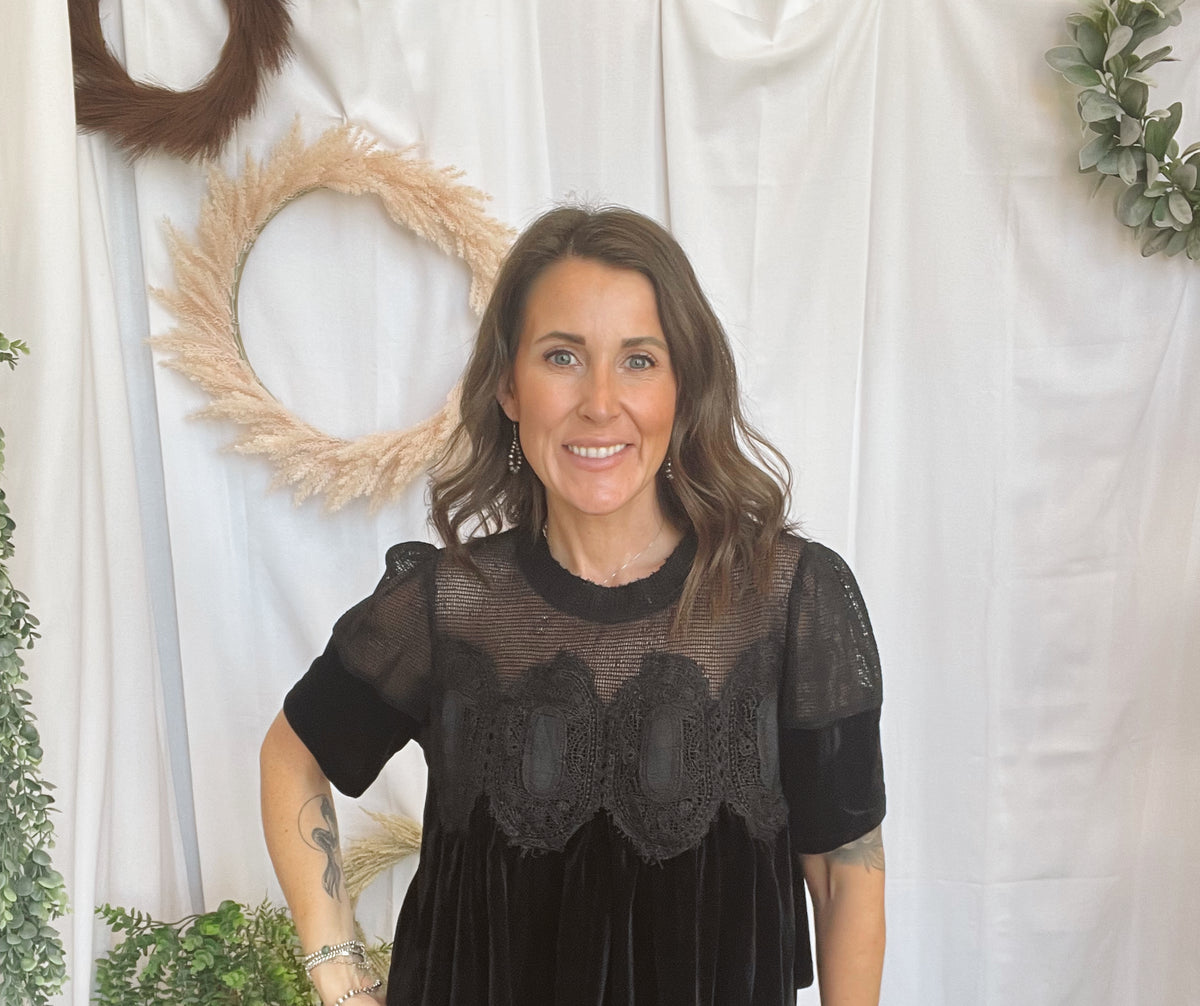 Velvet Scallop Top-Black-Short Sleeve Tops-hem and thread-The Silo Boutique, Women's Fashion Boutique Located in Warren and Grand Forks North Dakota