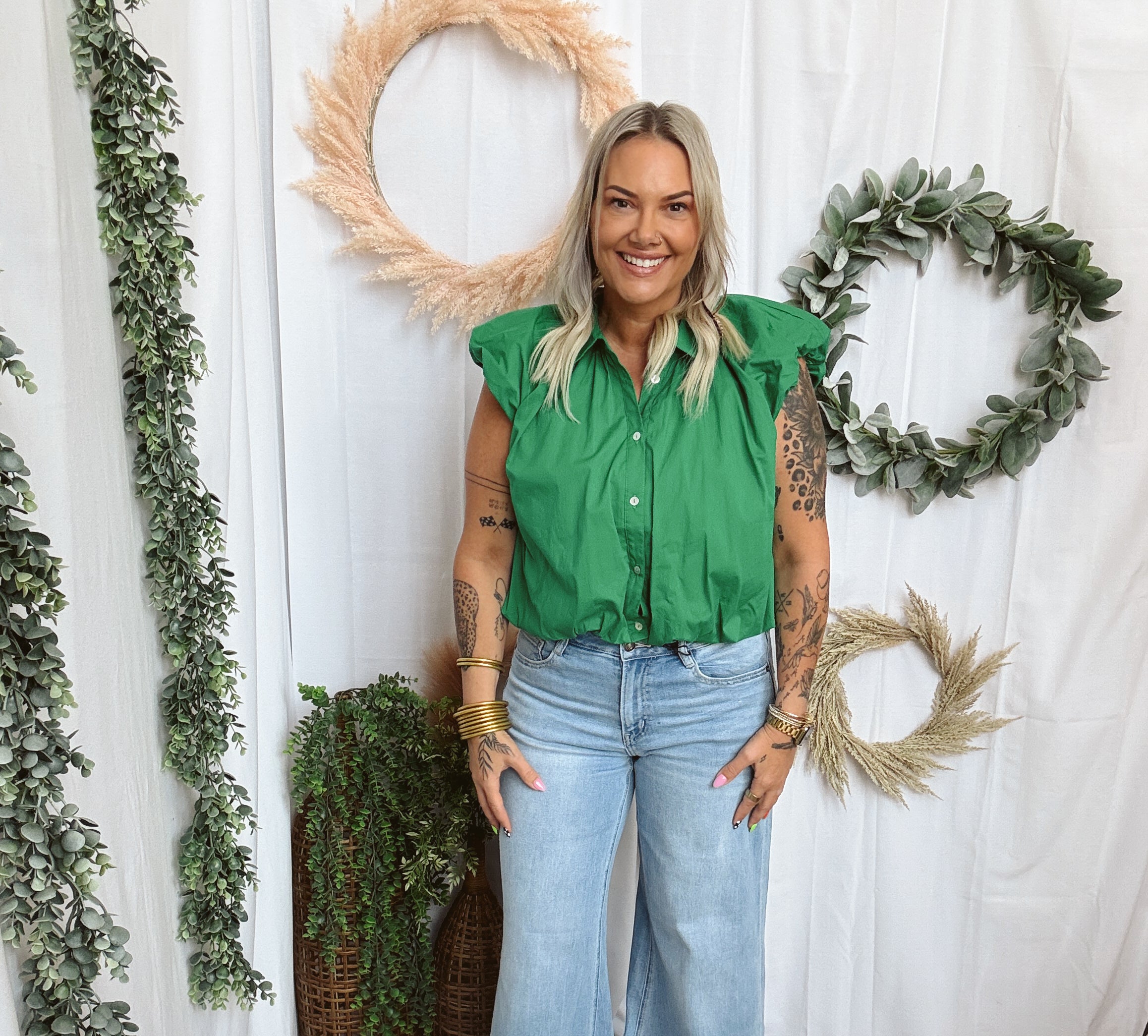 Gloria Button Up Sleeveless Top-Green-Tank Tops-entro-The Silo Boutique, Women's Fashion Boutique Located in Warren and Grand Forks North Dakota