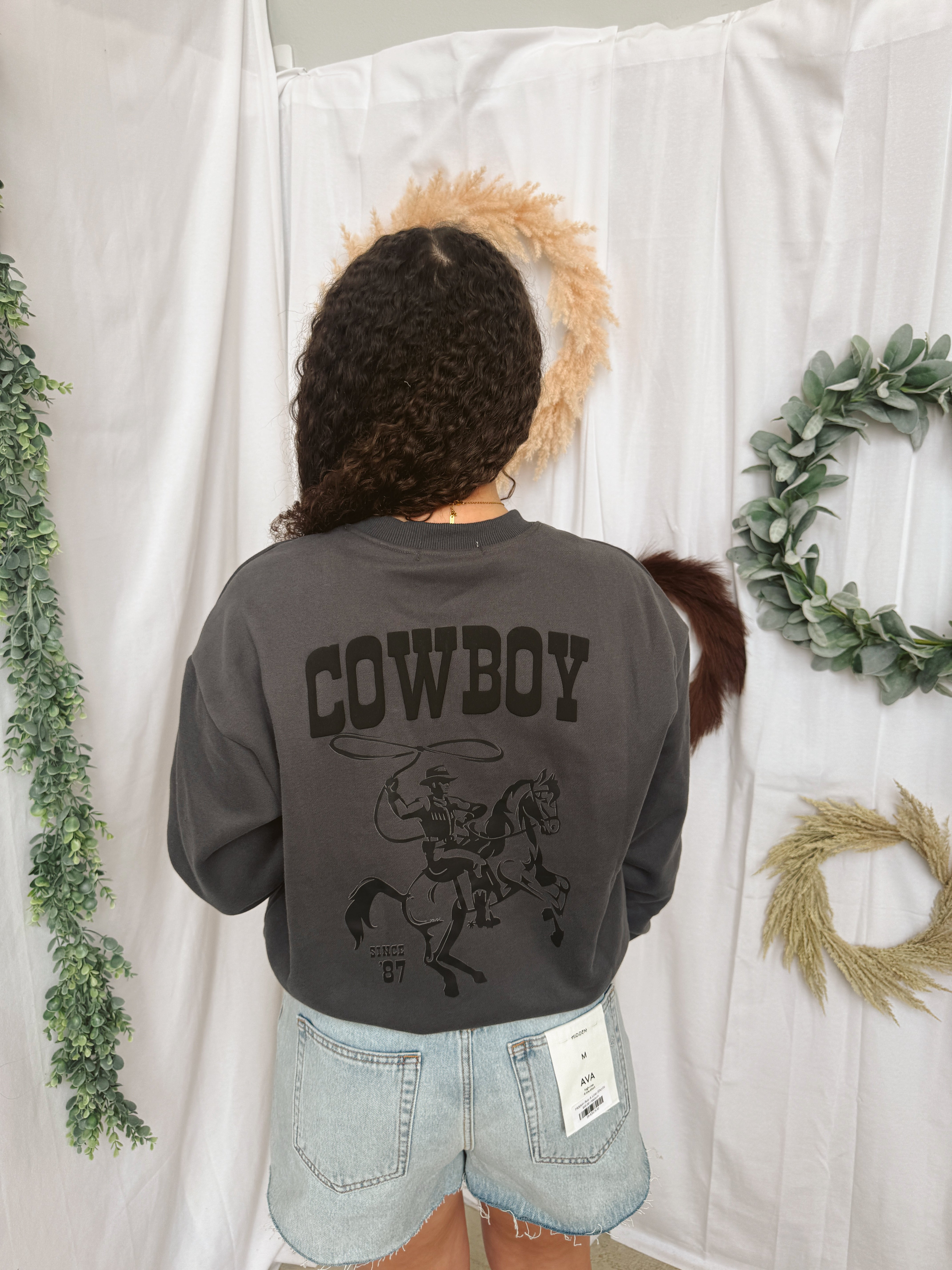 Cowboy Grey Sweatshirt-Sweatshirts-curds-The Silo Boutique, Women's Fashion Boutique Located in Warren and Grand Forks North Dakota