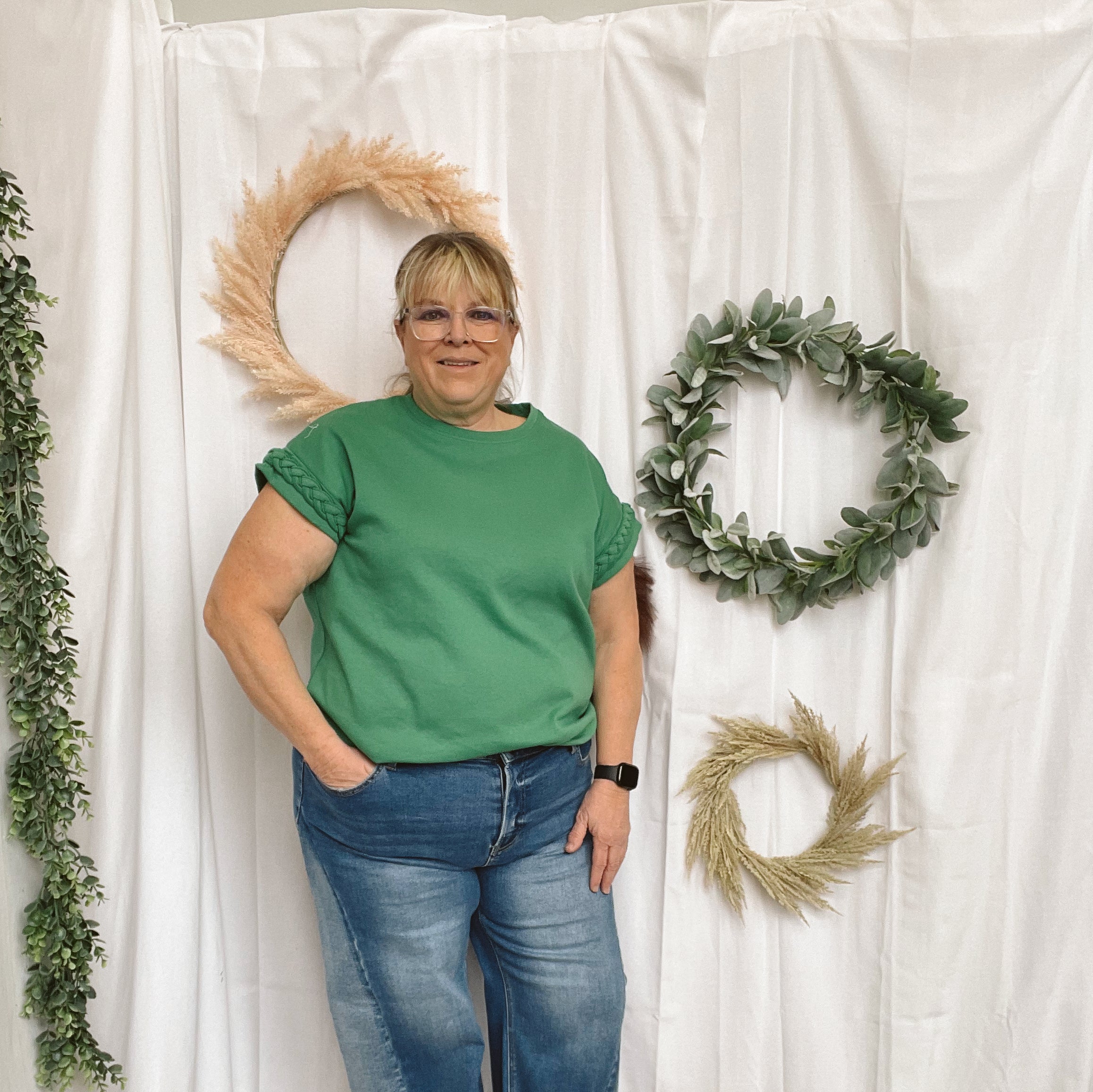 Eve Braided Sleeve Top-Green-Short Sleeve Tops-ENTRO-The Silo Boutique, Women's Fashion Boutique Located in Warren and Grand Forks North Dakota