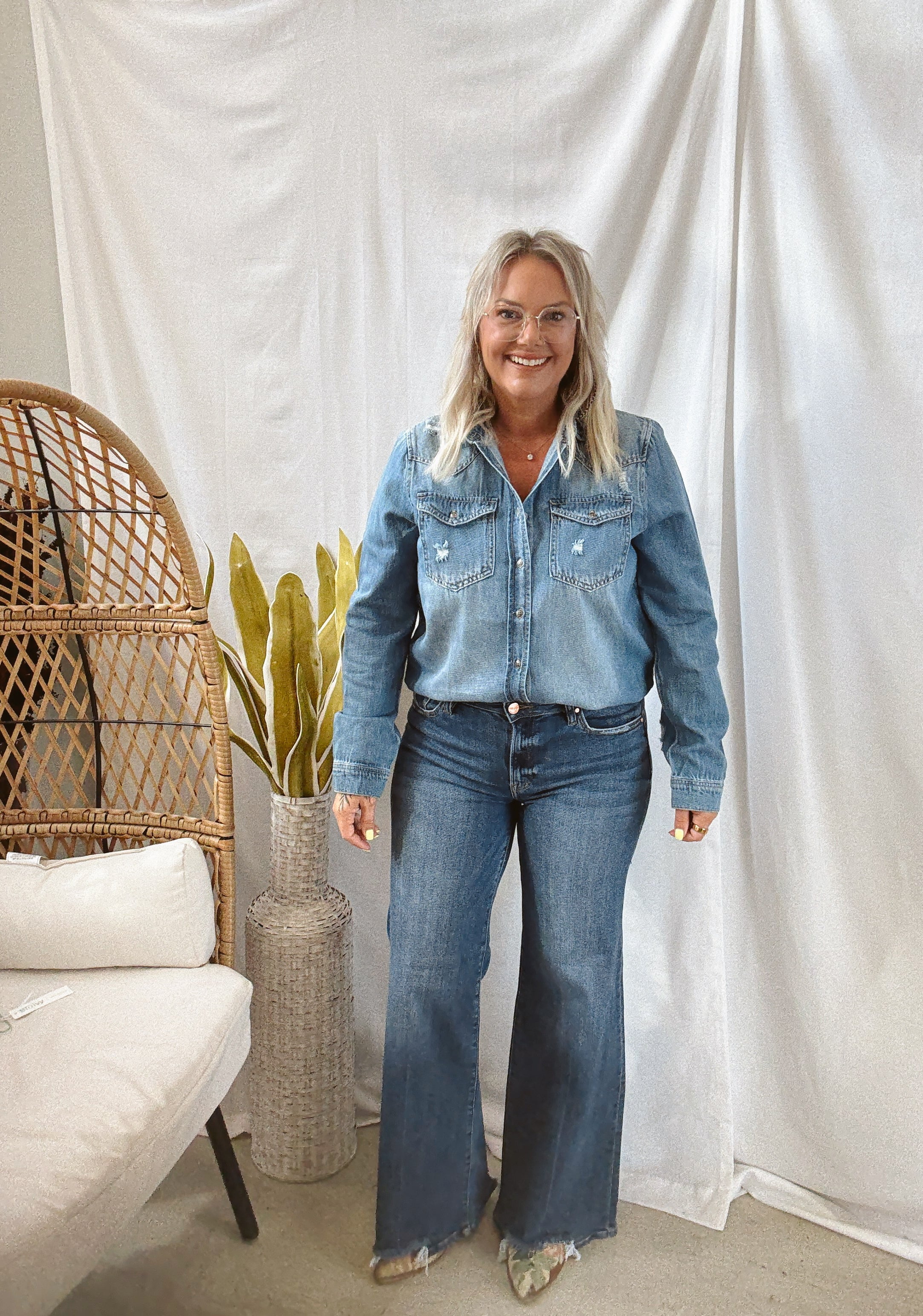 Risen Distressed Denim Shirt-Long Sleeve Tops-risen-The Silo Boutique, Women's Fashion Boutique Located in Warren and Grand Forks North Dakota