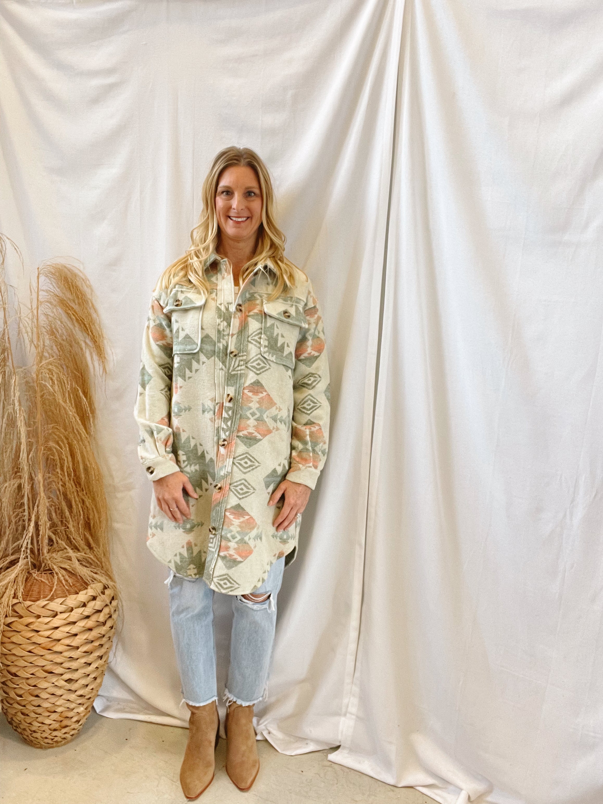 Almond Aztec Long Shacket-Final Sale-Shackets-mystree-The Silo Boutique, Women's Fashion Boutique Located in Warren and Grand Forks North Dakota