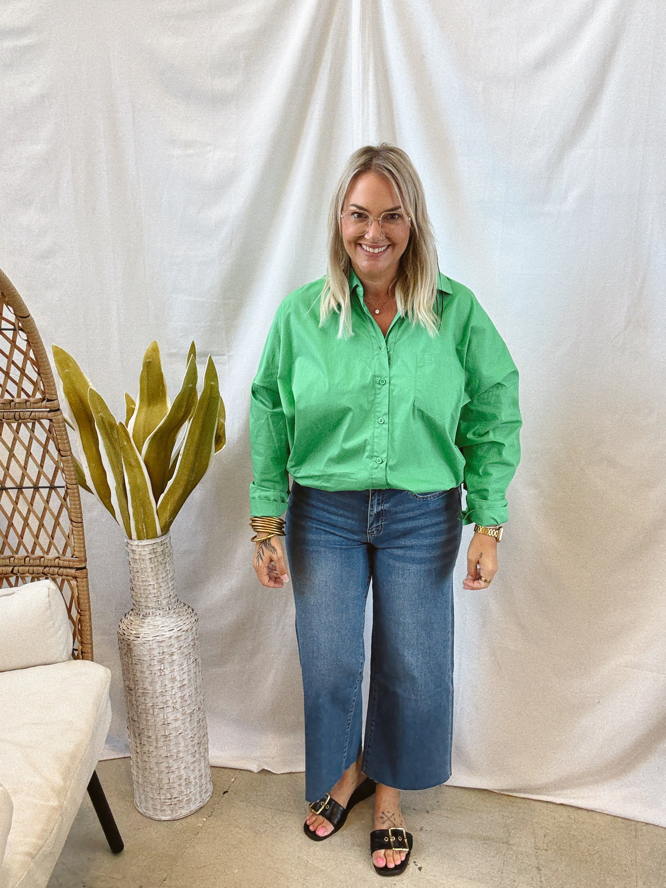 Green Button Down Long Sleeve Top-Final Sale-Long Sleeve Tops-hyfve-The Silo Boutique, Women's Fashion Boutique Located in Warren and Grand Forks North Dakota