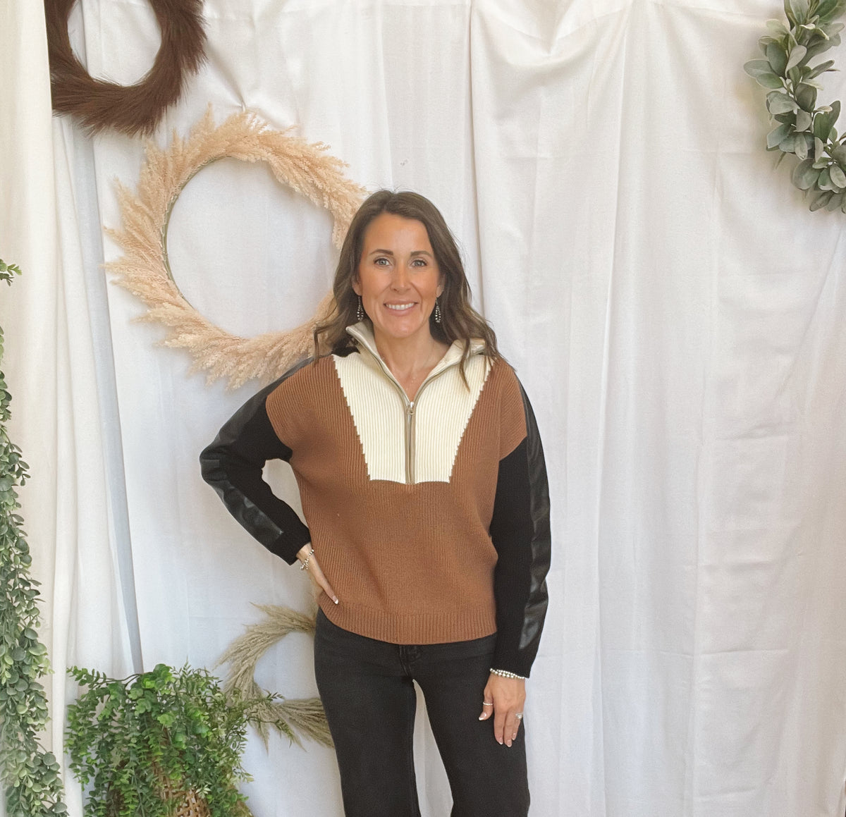Elan Camel Color Block Sweater-Sweaters-elan-The Silo Boutique, Women's Fashion Boutique Located in Warren and Grand Forks North Dakota